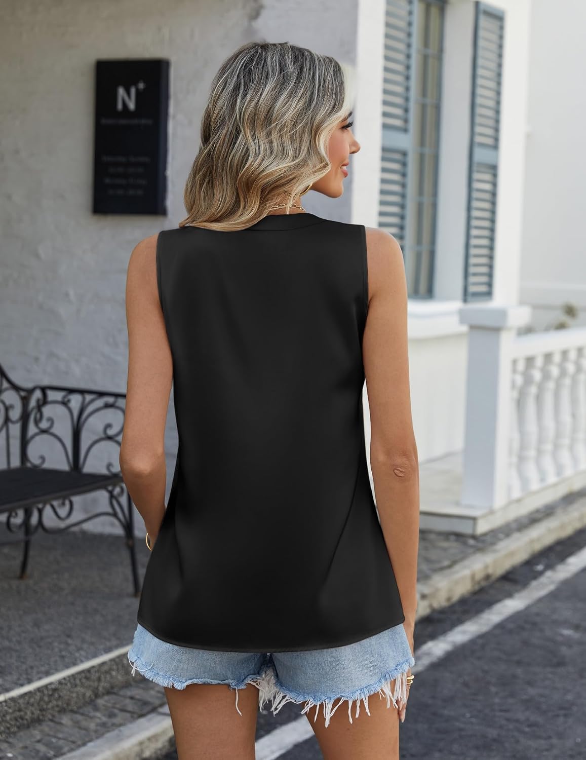 Detalle de Zeagoo Canotta da donna in raso senza maniche con scollo a V (S–XXL) – top estivo elegante e basic