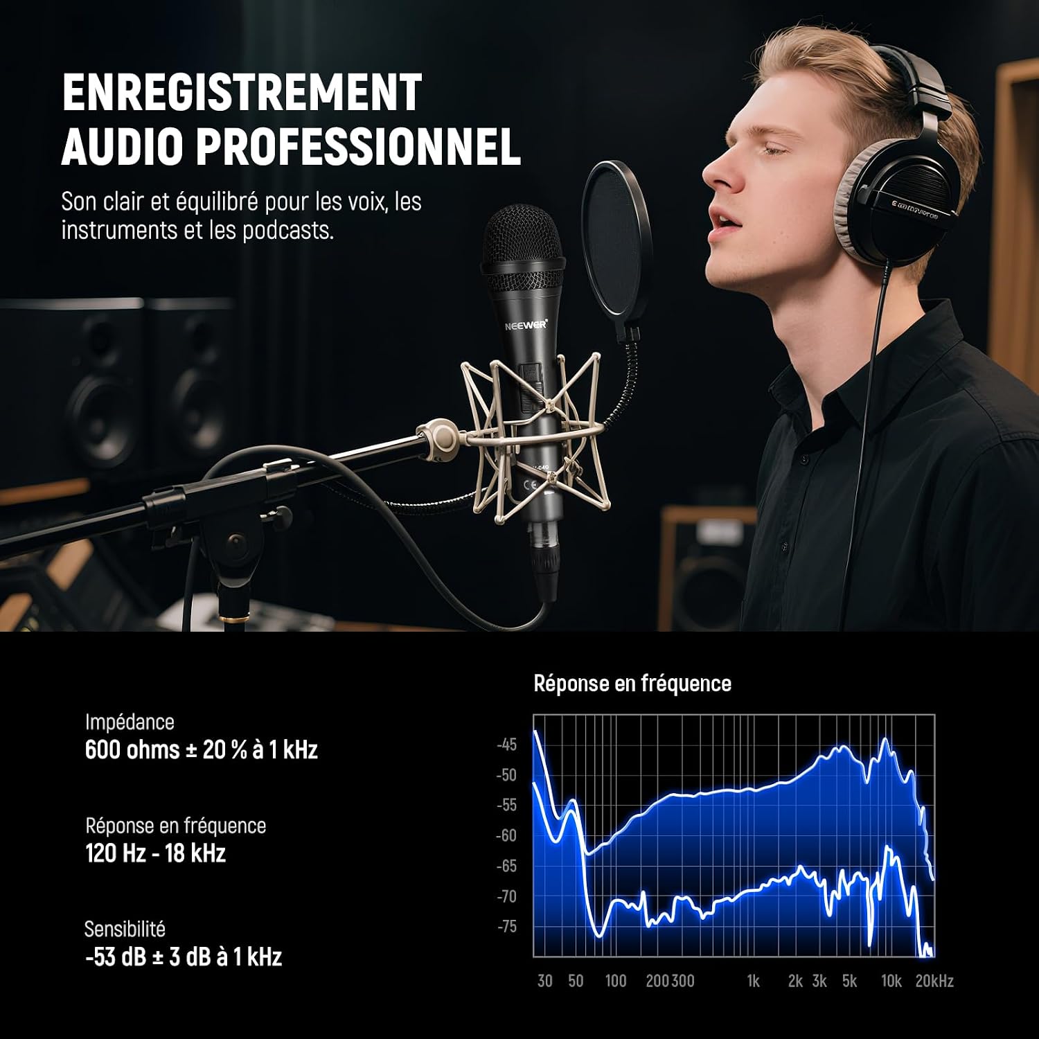 Detalle de NEEWER NW-040 Microphone Dynamique cardioïde – robustesse et polyvalence pour streaming, voix et instruments