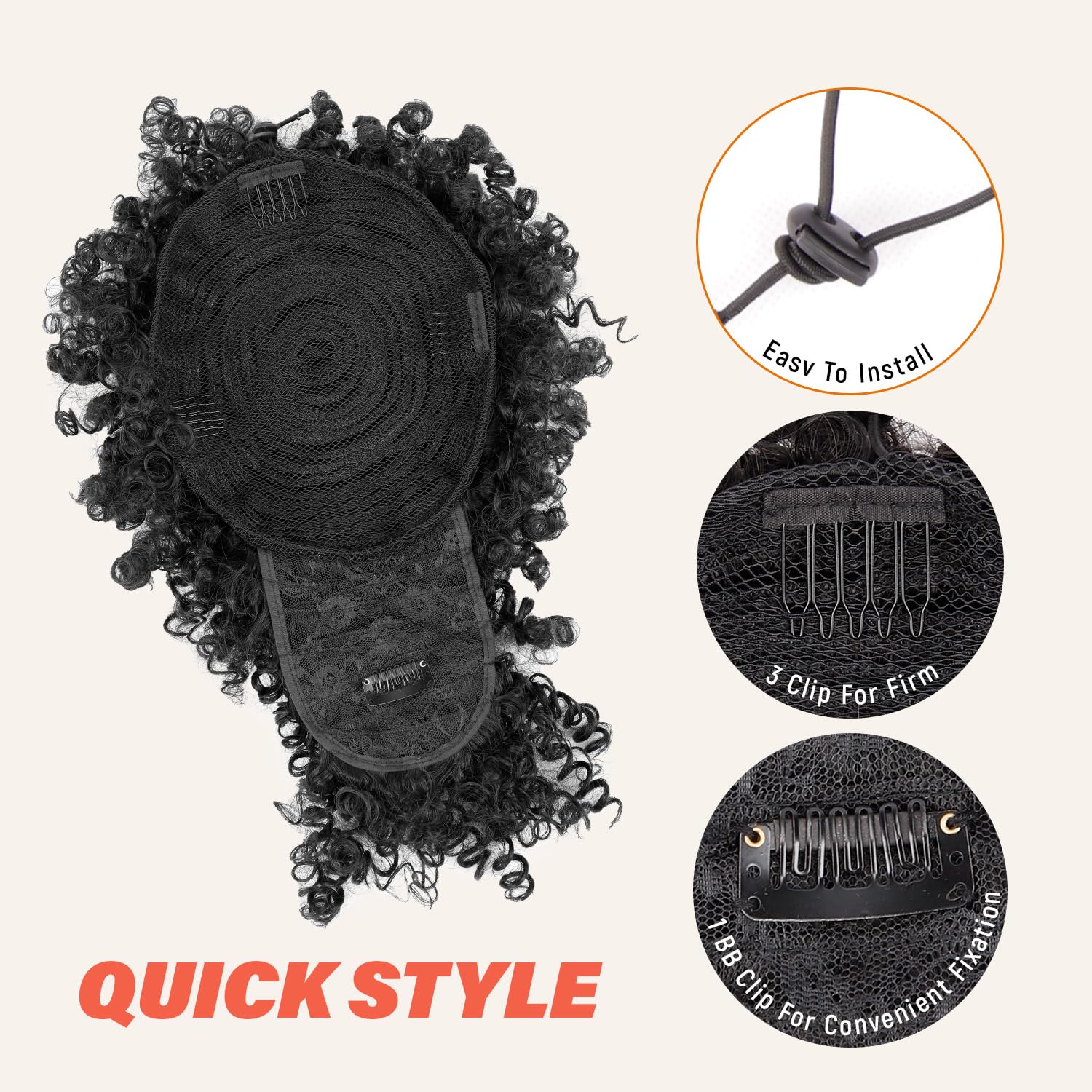 Detalle de builson Drawstring Ponytail for Black Women (Afro Puff Kinky Curly, with Bangs) 1B Natural Black