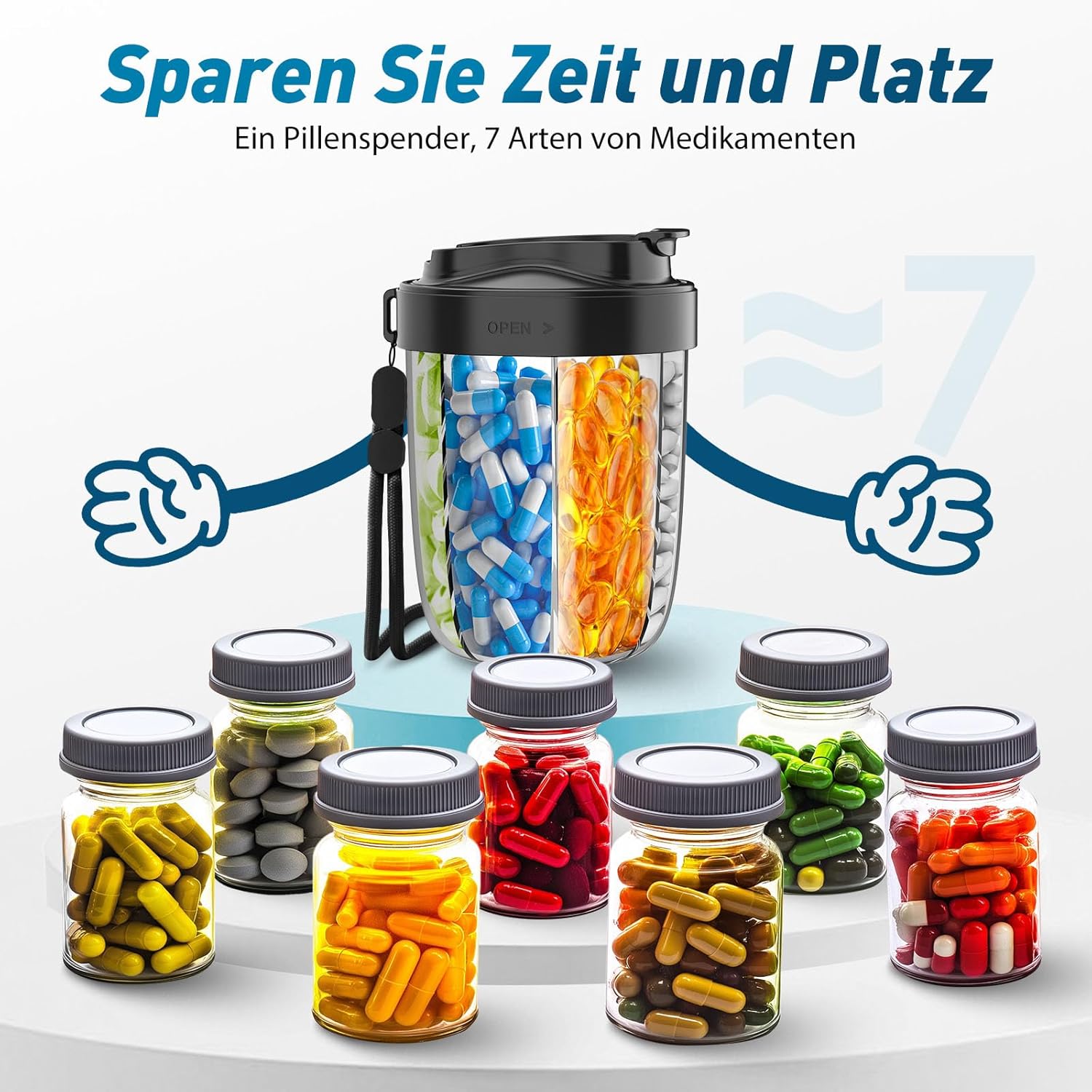 Detalle 2 de NAVIKIA Tablettenbox für 7 Tage (morgens/mittags/abends) – rund mit 7 Fächern, BPA-frei, Anti-Verwechslungs-Design