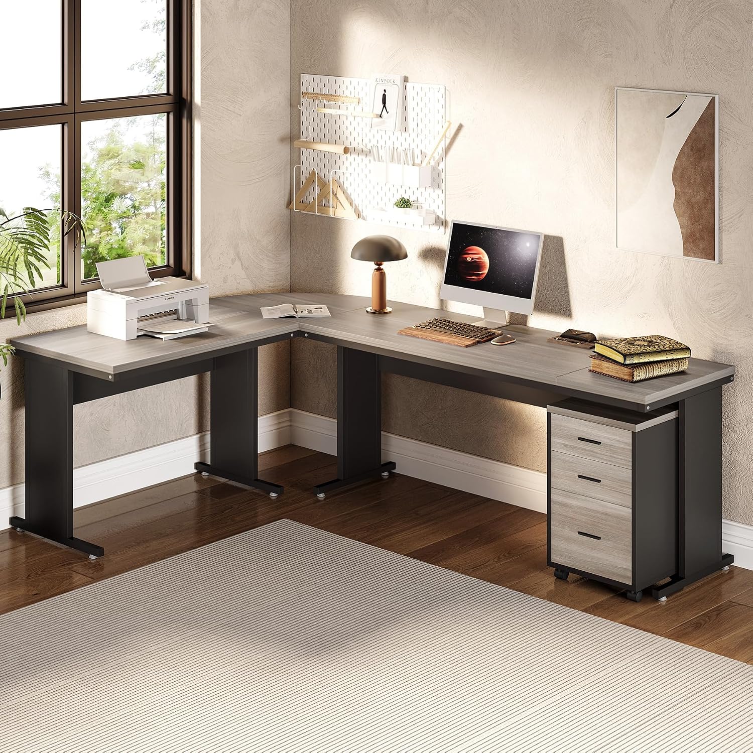 Thumbnail 4 de LITTLE TREE QP083A Reversible L-Shaped Executive Desk with Mobile File Cabinet
