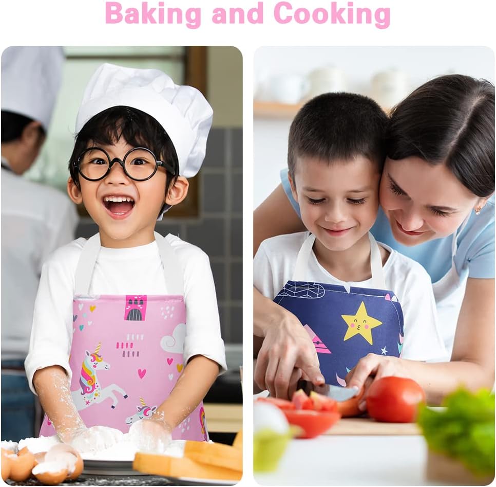 Thumbnail 4 de HOTUT 2 Pcs Kids Unicorn Print Aprons – Adjustable Cartoon Style Chef Aprons for Children (Pink & Blue)