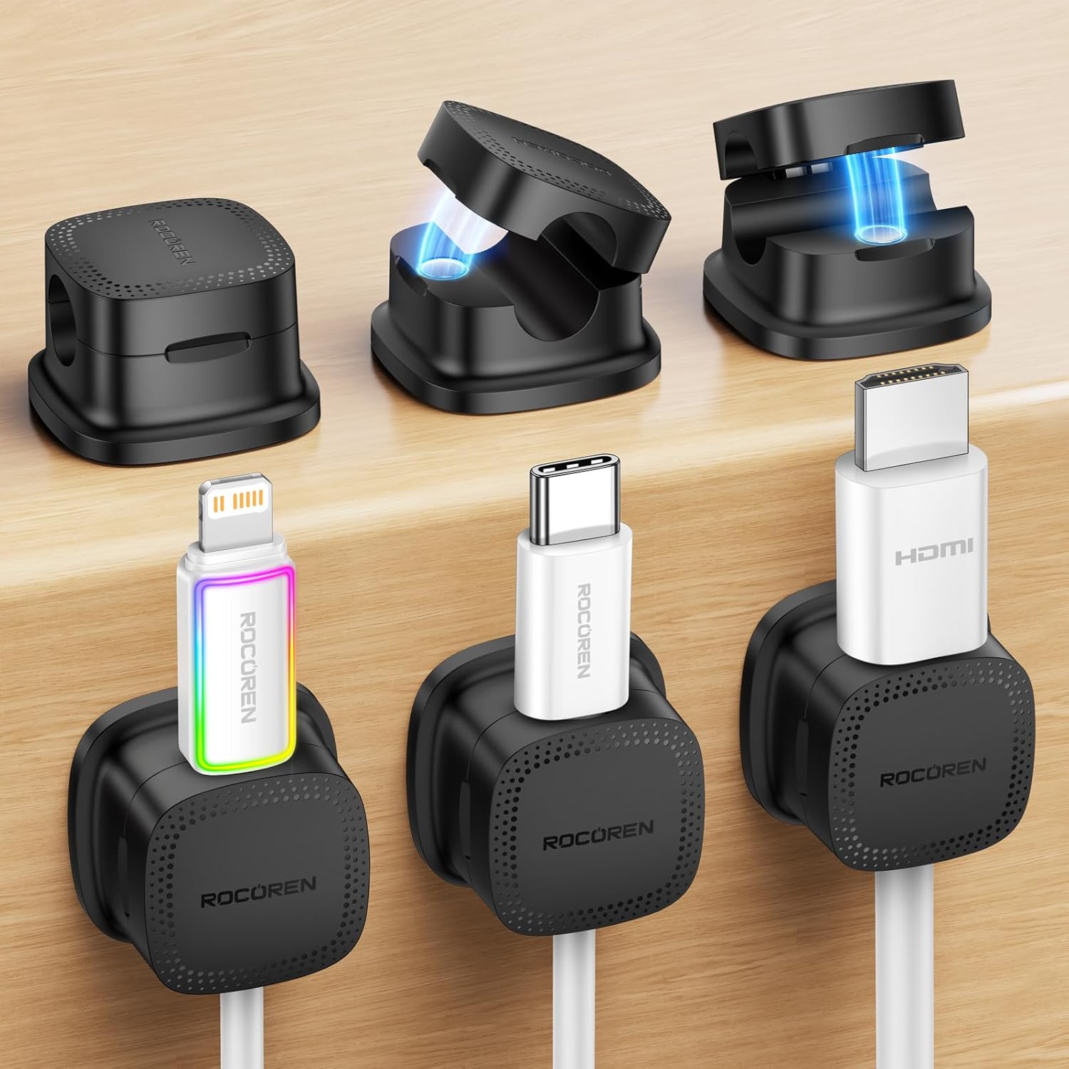 Detalle de Rocoren Magnetic Cable Holder Clips (6-pack) with Strong Adhesive and 7.5 mm Cable Slot – Black