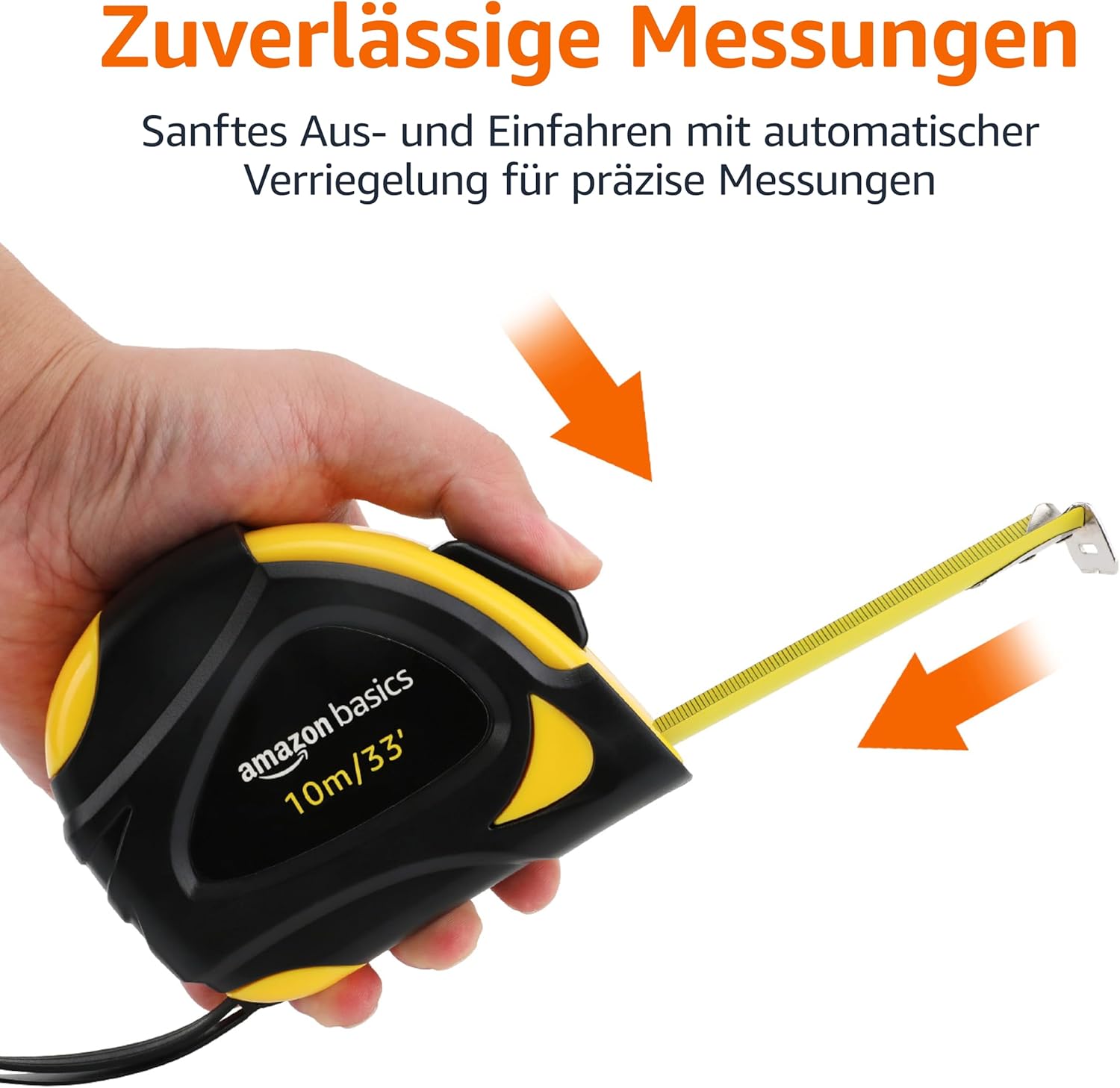 Detalle de Amazon Basics Selbst-arretierendes Bandmaß (10 m) – MID-Genauigkeit, Zoll- und Metrik-Skala, Schwarz/Gelb