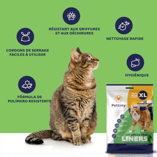 Detalle de Pettiny 20 Sacs XL à Litière pour Chat — Sacs résistants avec cordons et doublures anti-griffures pour grands bacs