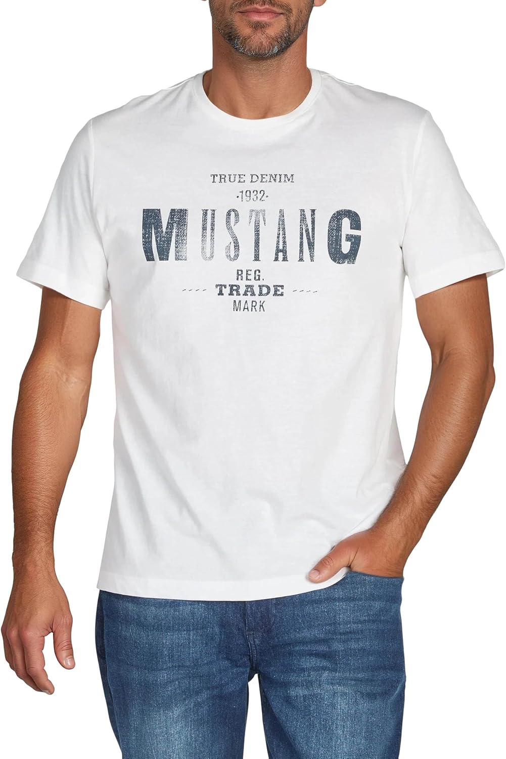 Detalle de MUSTANG Herren T-Shirt Regular Fit (4er-Set) aus Baumwolle mit Rundhals – Kurzarm Sommer-Shirts in Schwarz/Weiß/Grau/Blau/Grün