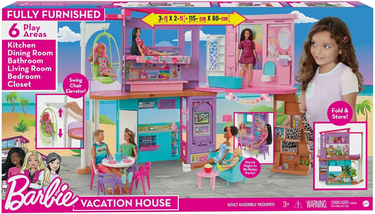 Detalle 2 de Barbie Casa di Malibu (106 cm) playset con 2 piani, 6 stanze, più di 30 pezzi, ascensore e altalena HCD50