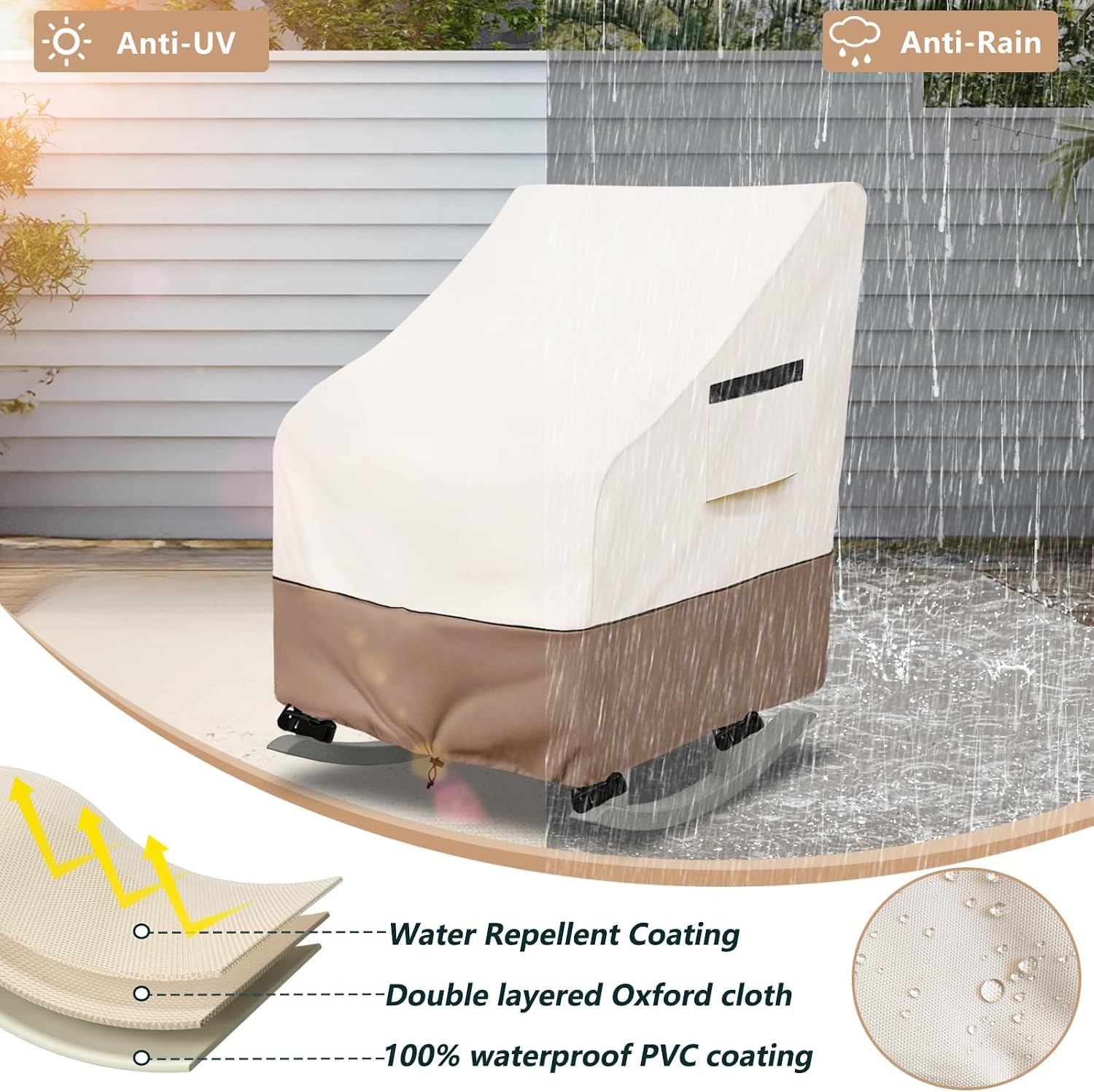 Detalle 2 de Krismile MTYY-88015 Outdoor Rocking Chair Covers, 2-Pack Beige Waterproof 600D