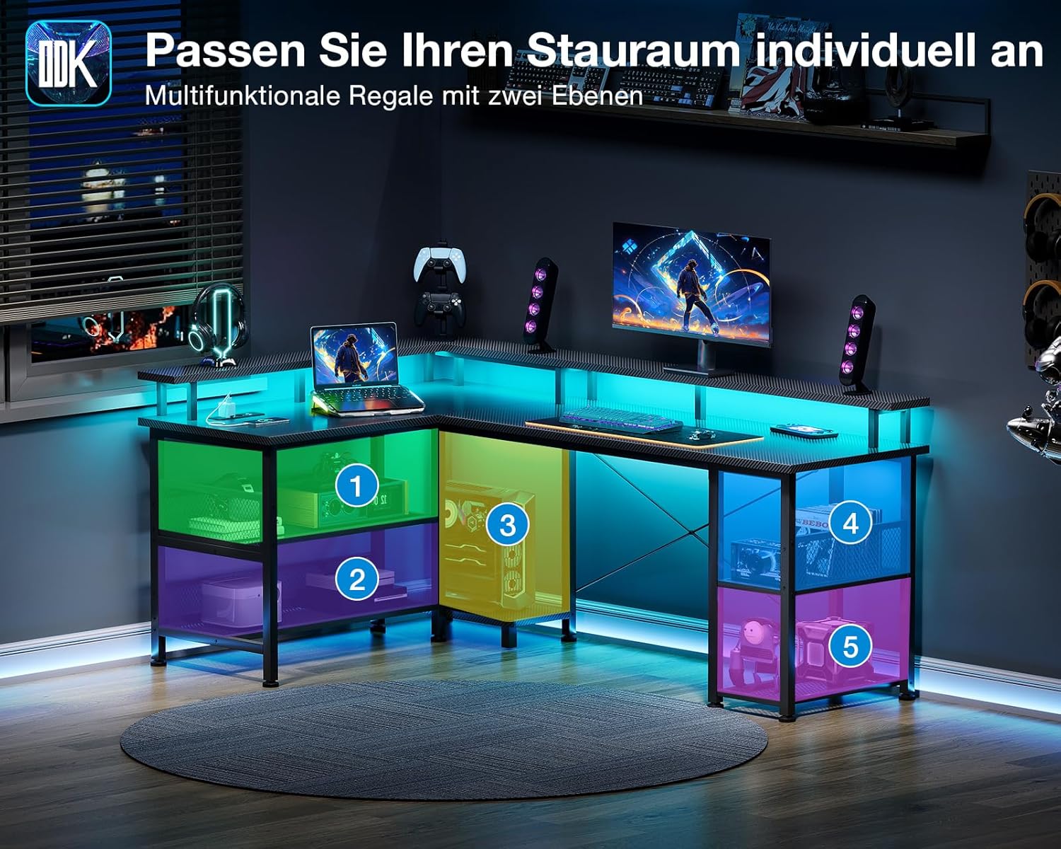 Thumbnail 3 de ODK Gaming Tisch mit LED, 150×102 cm – reversibel mit 2 Steckdosen & 2 USB-Ladeanschlüssen