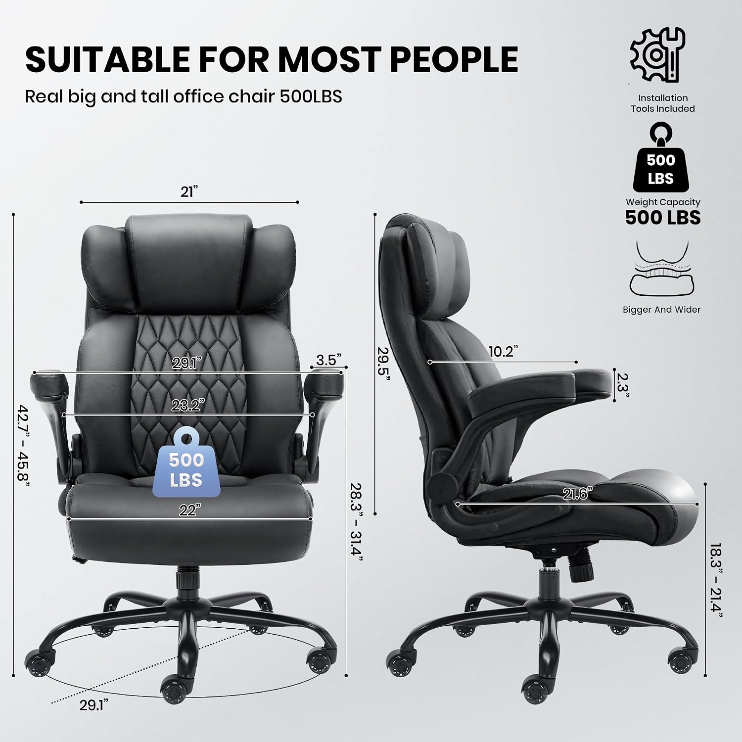 Detalle de Cloomey 001 500 lb Big and Tall Office Chair, Extra-Wide Seat, Inflatable Lumbar Support