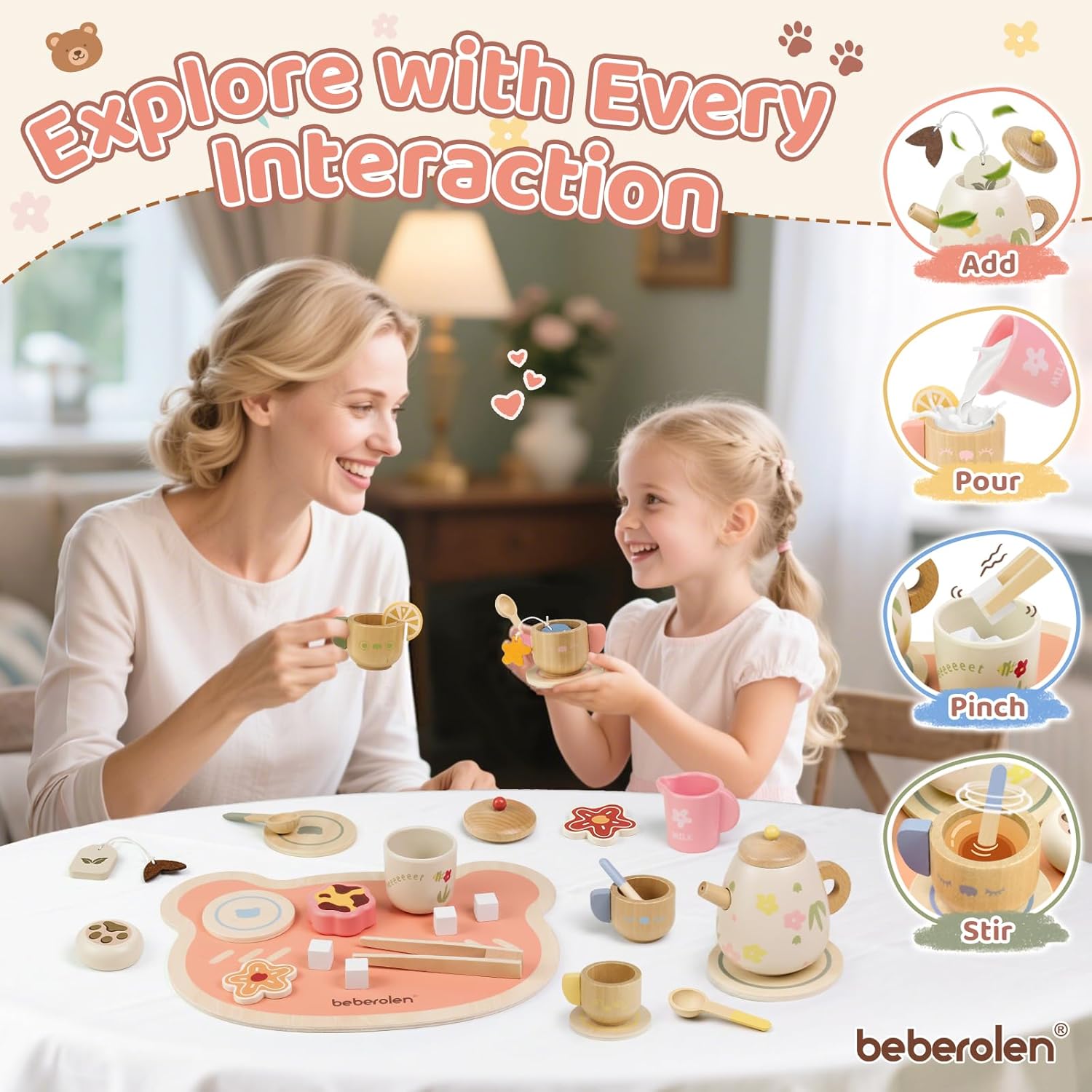 Detalle de Beberolen 31-Piece Wooden Tea Set for Toddlers – Pretend Play Kitchen Accessories