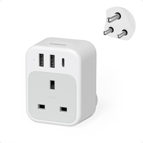 Detalle de TESSAN South African Plug Adapter with USB-C, 2 USB-A Ports and 1 Socket