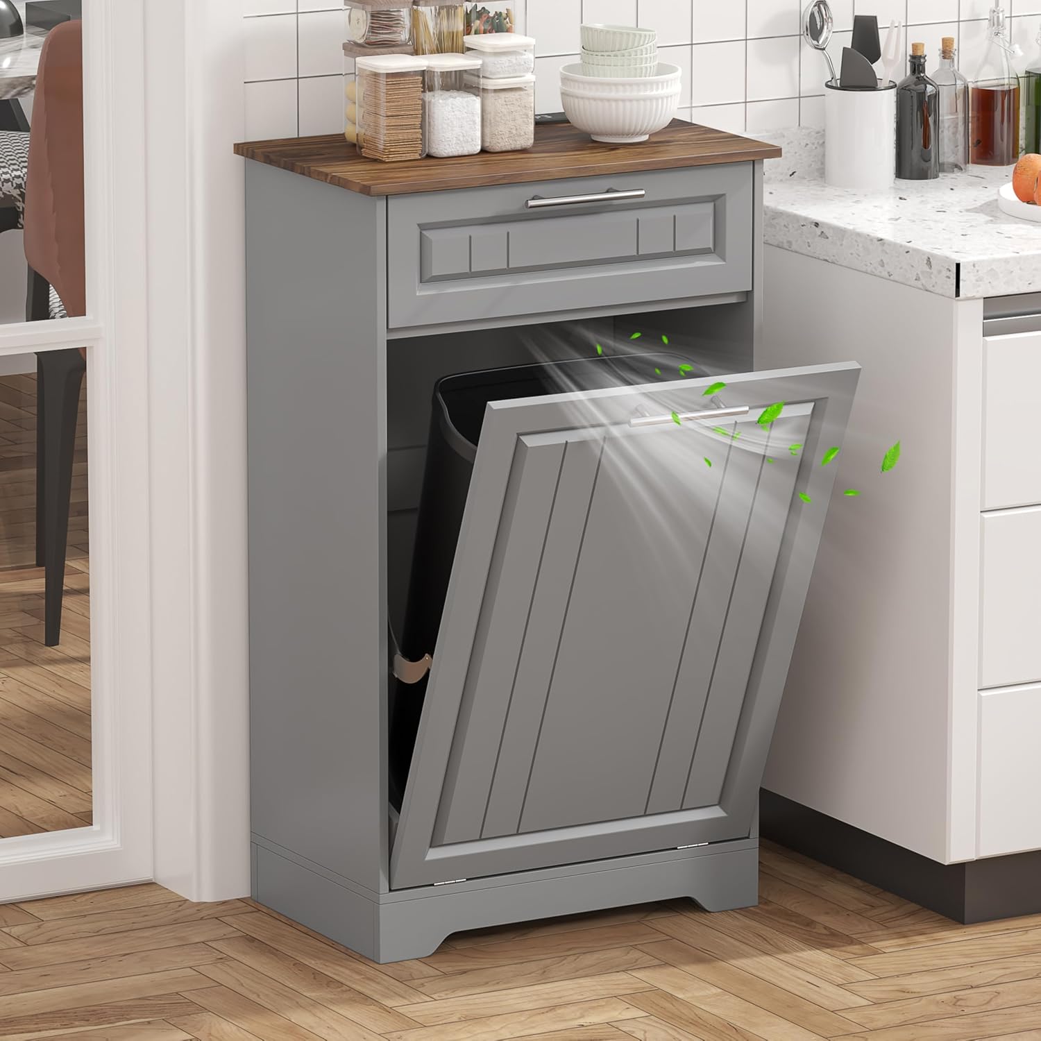 Detalle de jmhdyg 10-Gallon Tilt-Out Trash Can Cabinet with Deodorizing Function, Gray