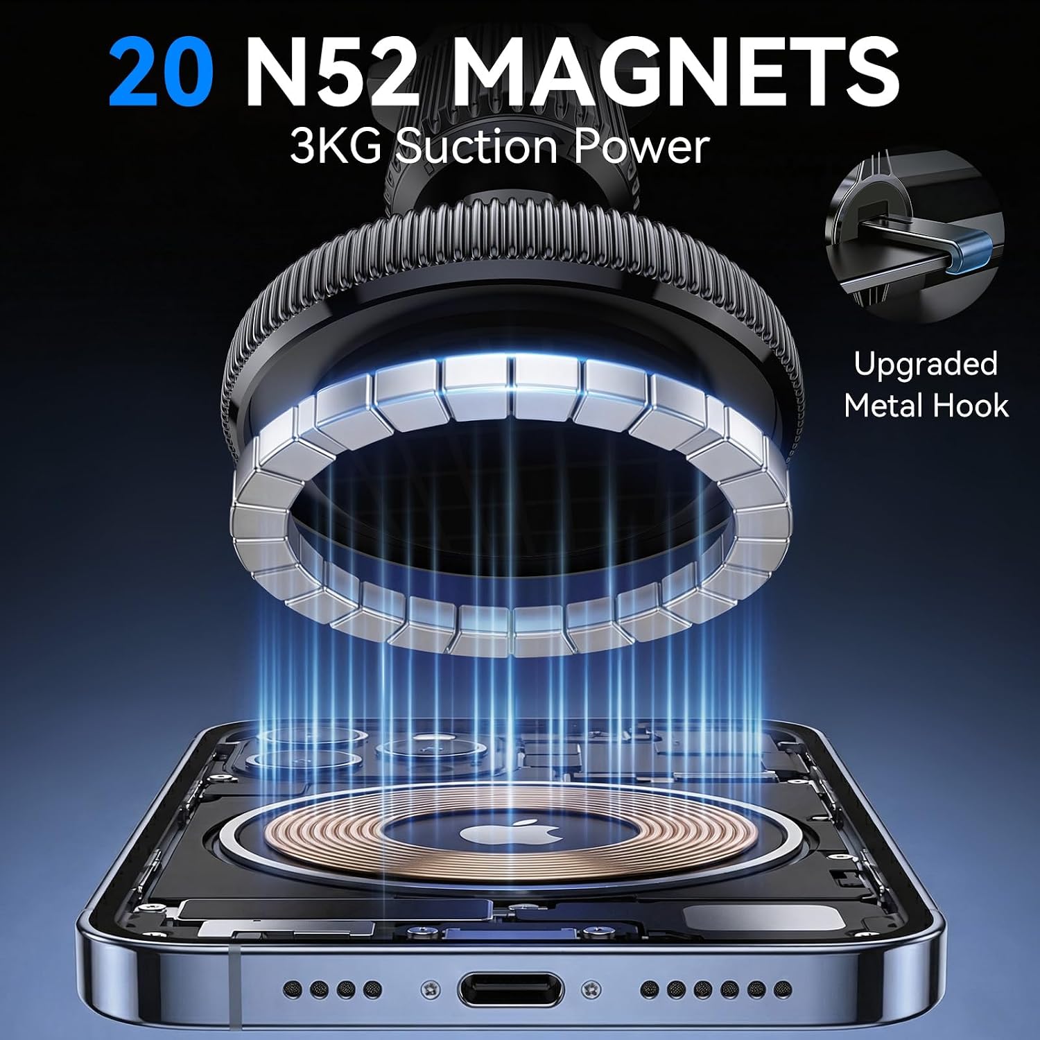 Detalle de GizmoVine MagSafe Car Phone Holder with 20x N52 Magnets – 360° Vent Mount (2026 Upgrade)
