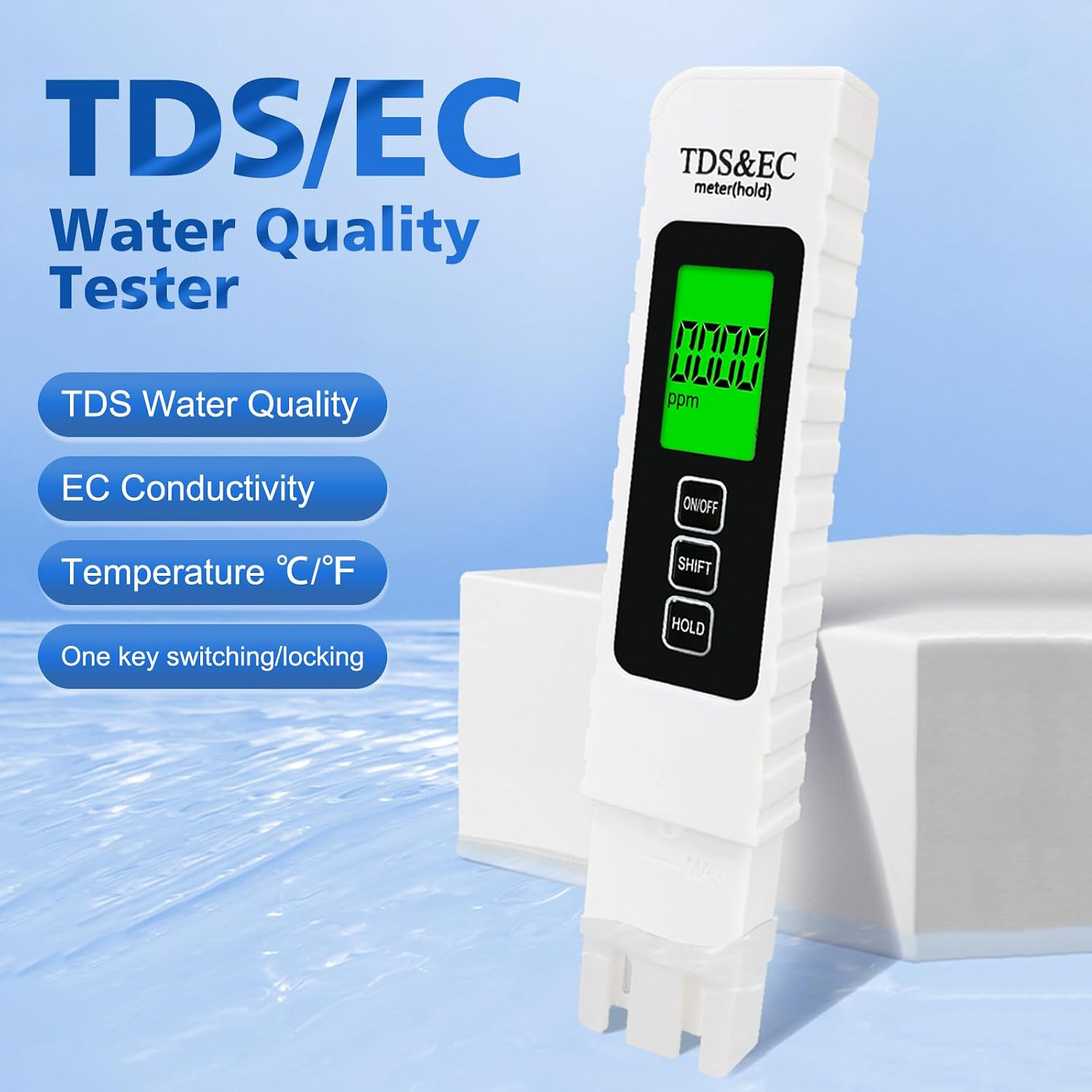 Detalle de Aideepen waterkwaliteitstester voor TDS, EC en temperatuur met lcd-achtergrondverlichting