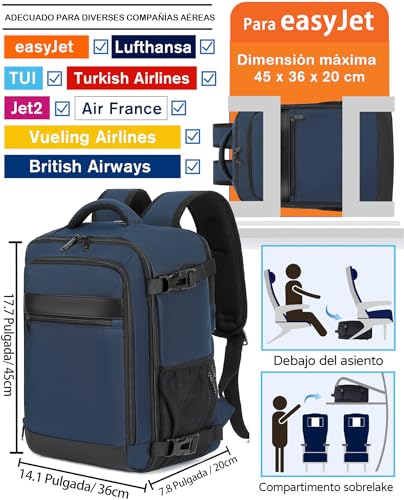 Thumbnail 1 de KLOSTAIN Mochila de cabina de avión 45x36x20 cm y 30 L para portátil de 15,6" (azul oscuro)