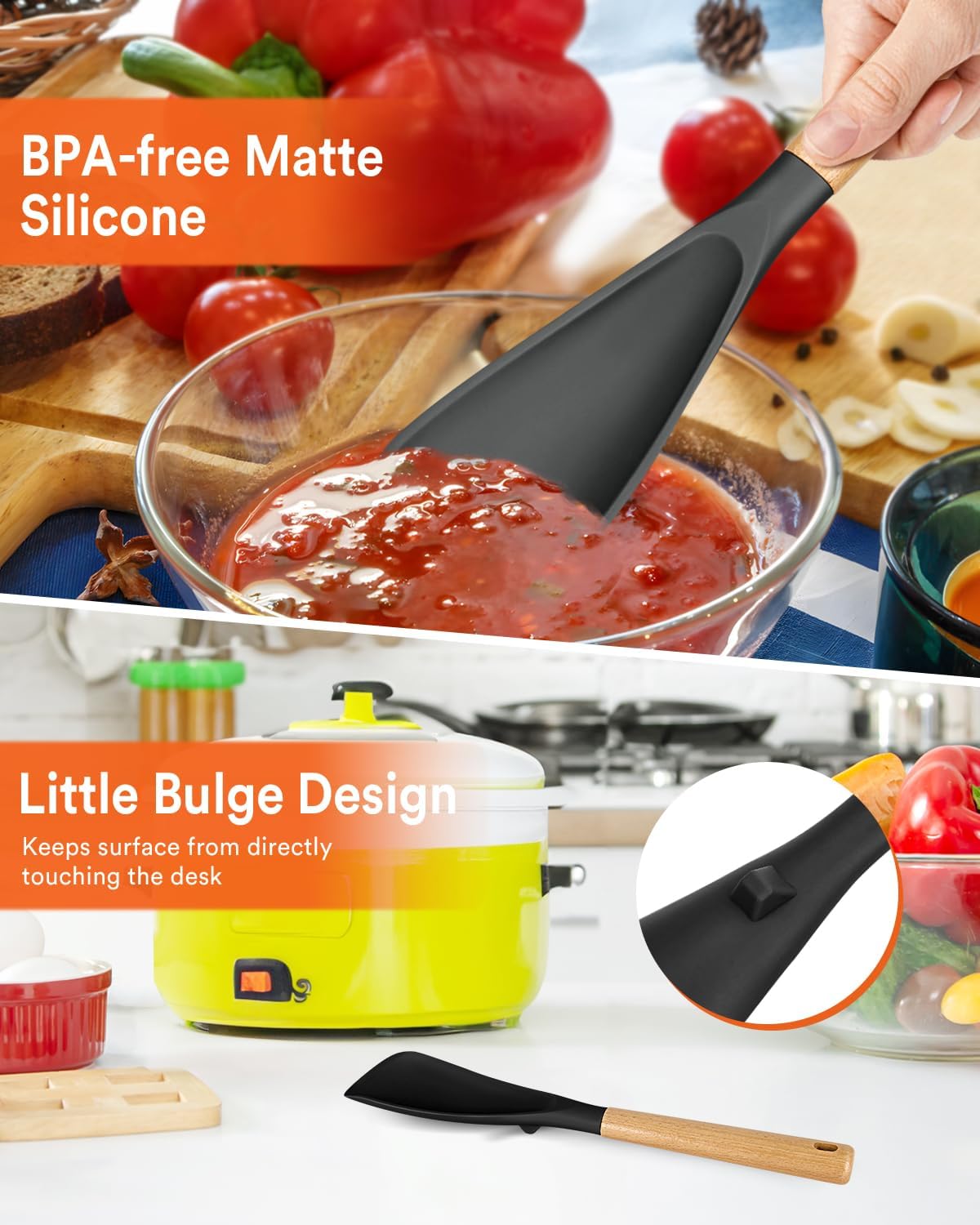 Detalle de Cooking Spoon for Nonstick Cookwares with Wood Handle — 13.4 inch, Black & Grey