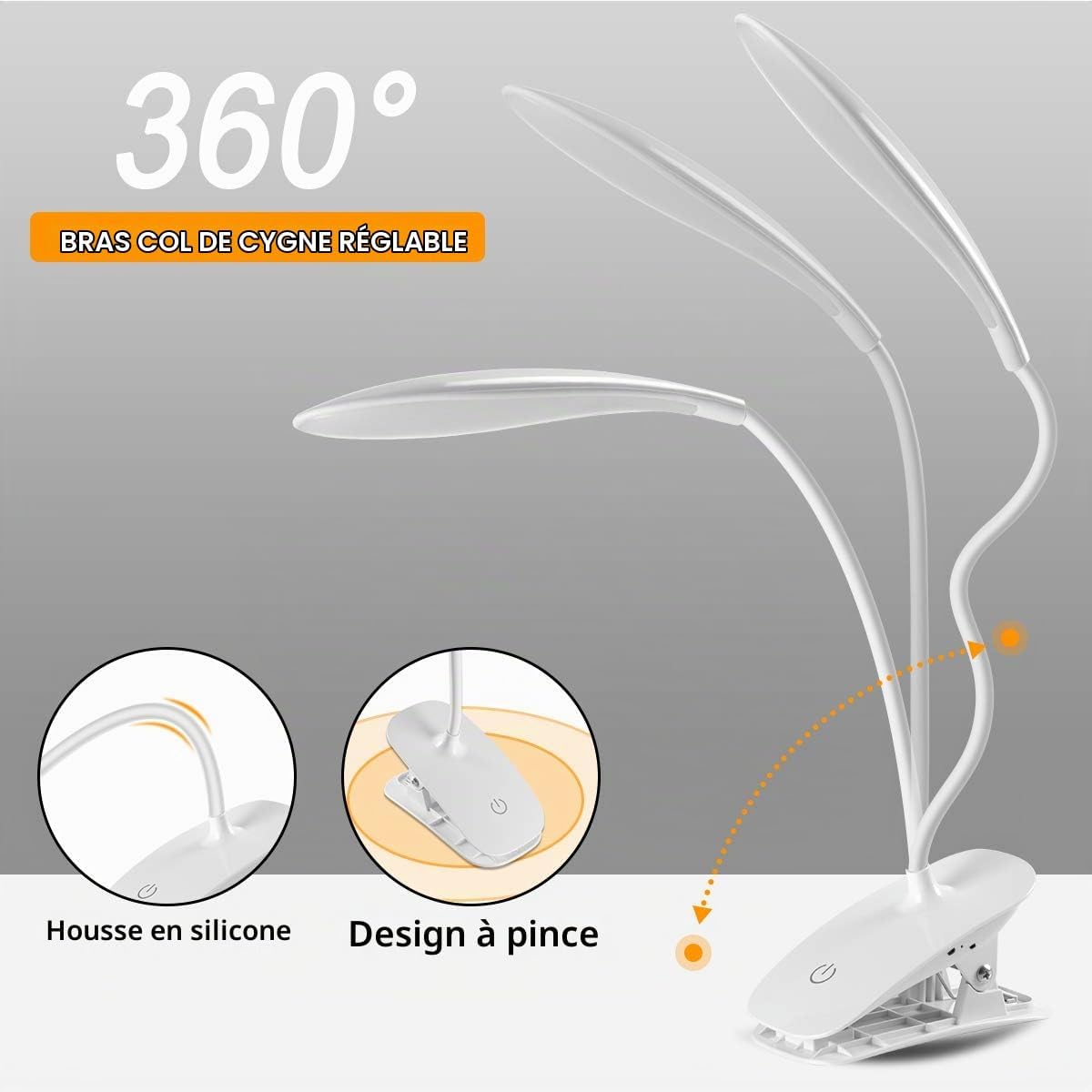 Detalle de URAQT LED-klemlamp met USB-oplaadbare batterij, 3 lichtstanden en flexibele hals