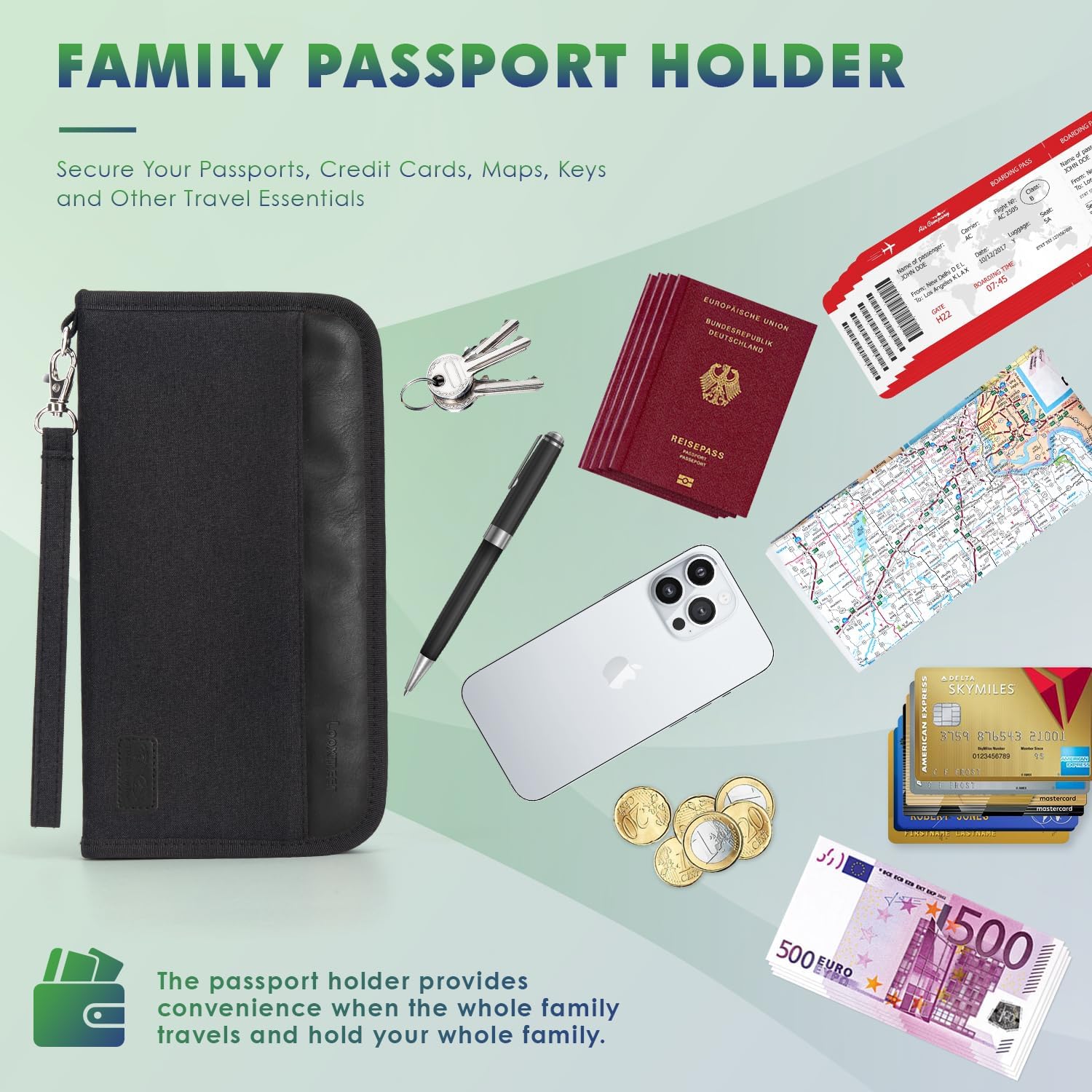 Detalle de Looxmeer Familien-Reisepass-Tasche mit RFID-Blocker und Wasserschutz, 25 × 13 × 2 cm – Reisepasshülle für Dokumente & Karten (Ganz Schwarz)