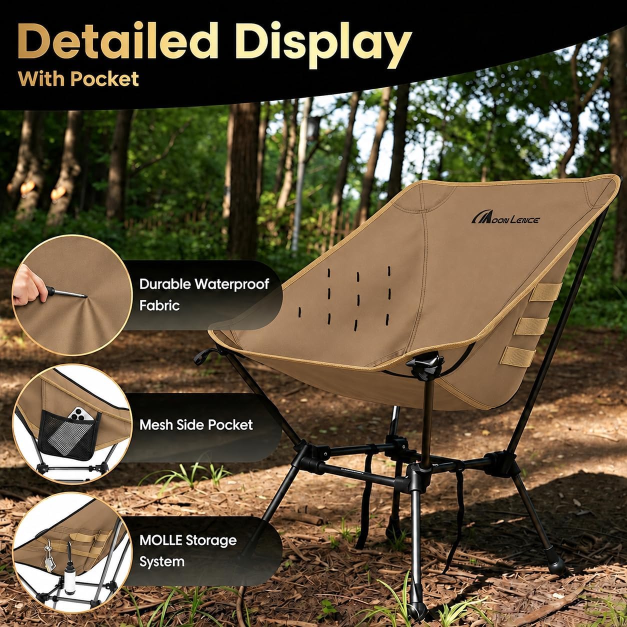 Detalle de MOON LENCE SFplus Plus Camping Chair, Lightweight Folding Design, 330 lb Capacity