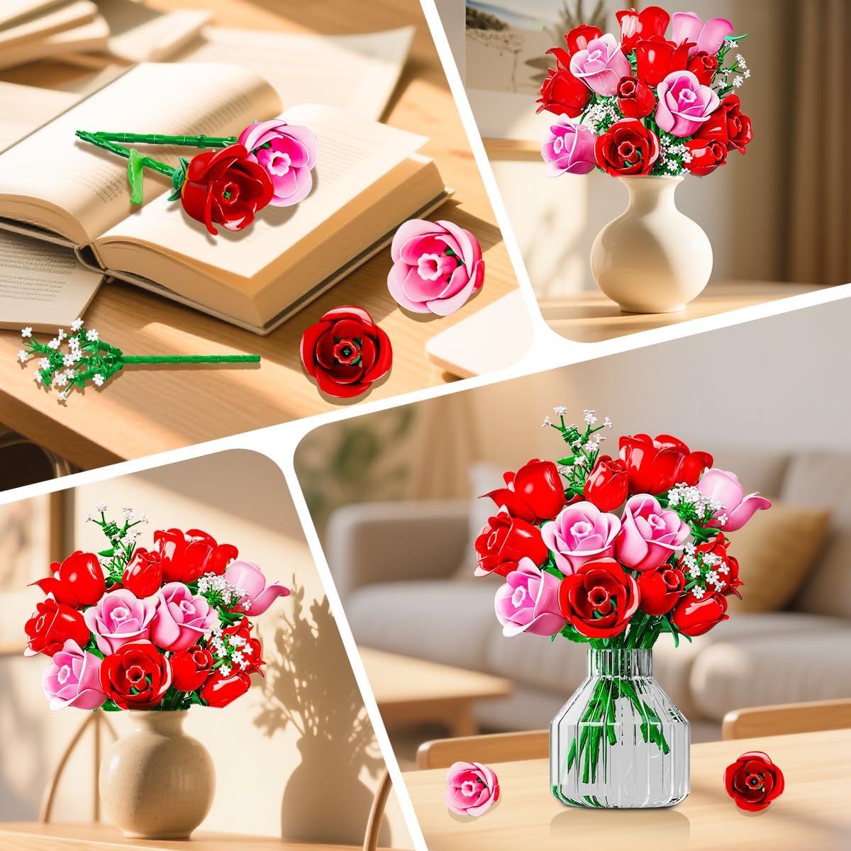 Thumbnail 4 de HOGOKIDS Blumenstrauß-Bausatz mit Lichtern – 16 künstliche Rosen, LED-Beleuchtung, 387 Teile (Rosa)