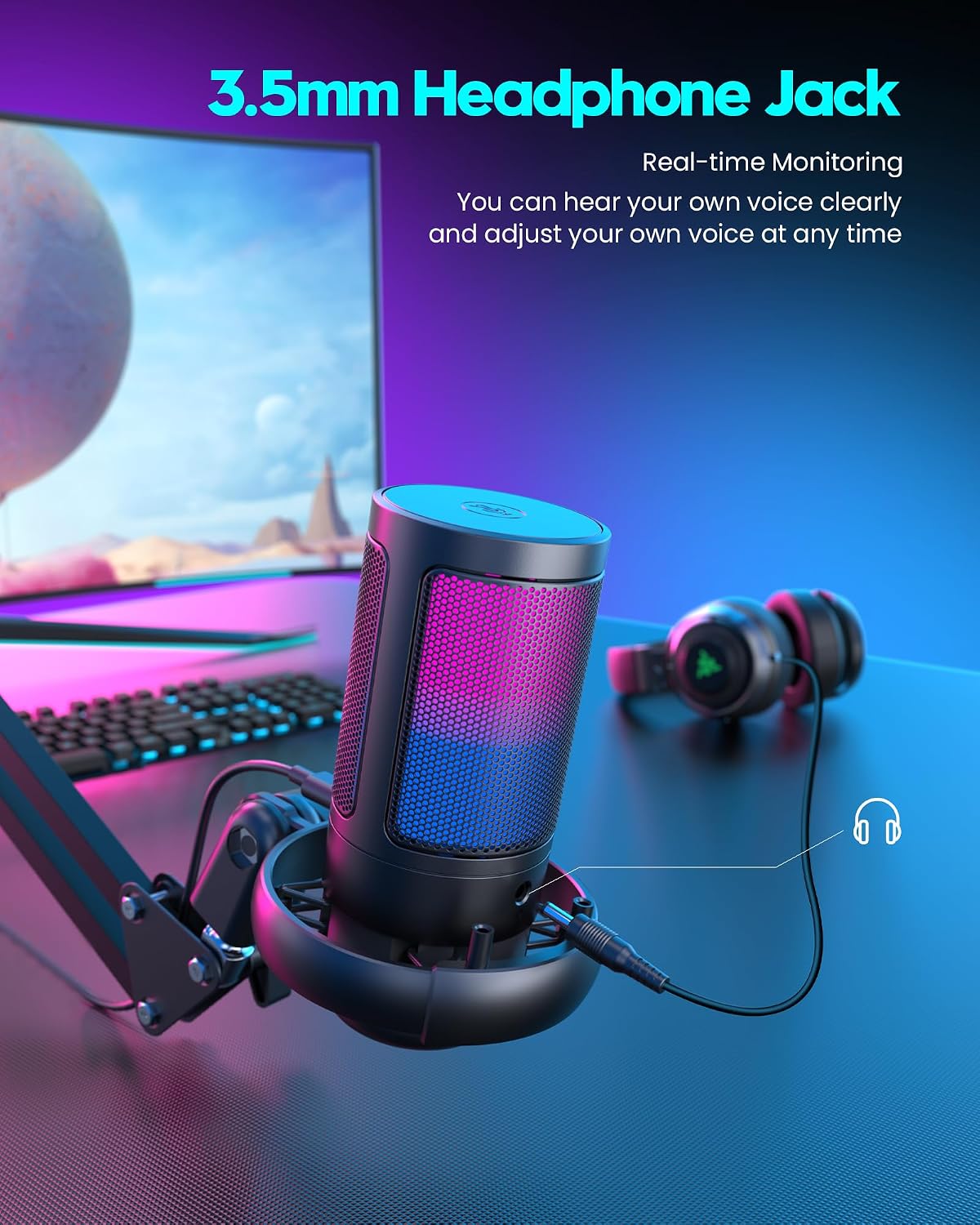 Detalle 2 de RGB Gaming Microphone with Boom Arm USB Mic for PC