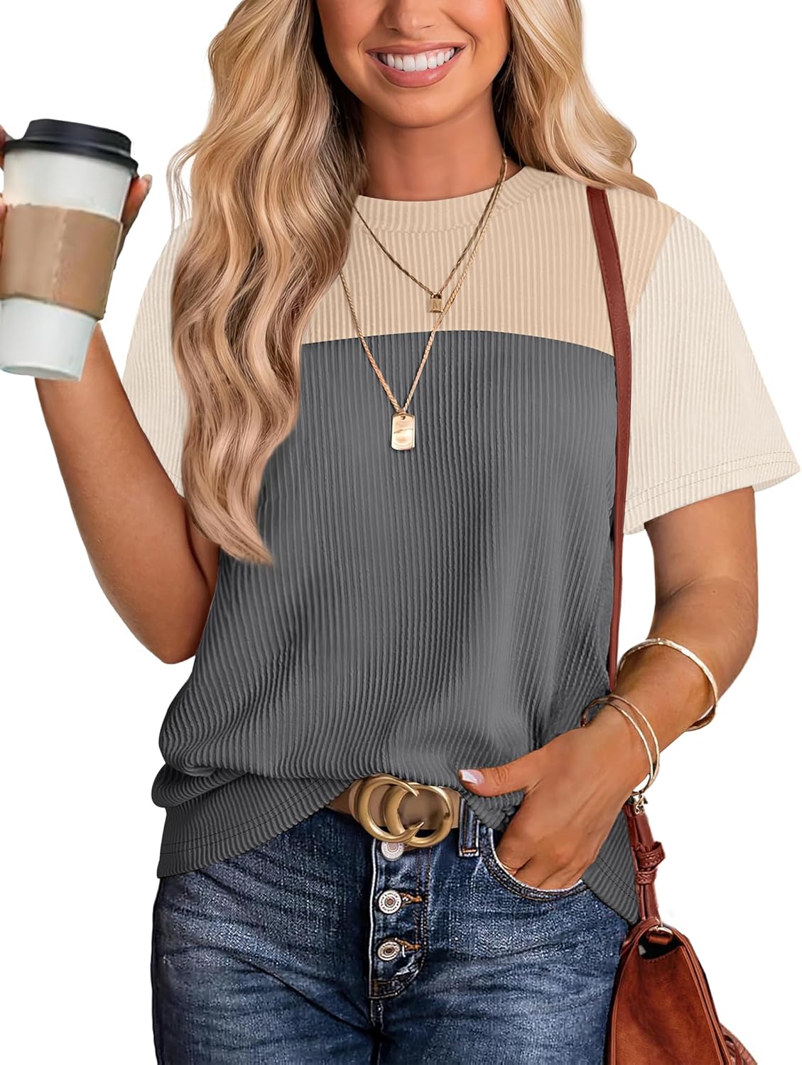 Detalle de WIHOLL Women’s Color Block Short Sleeve Crewneck Knit Shirt (Spring/Summer)