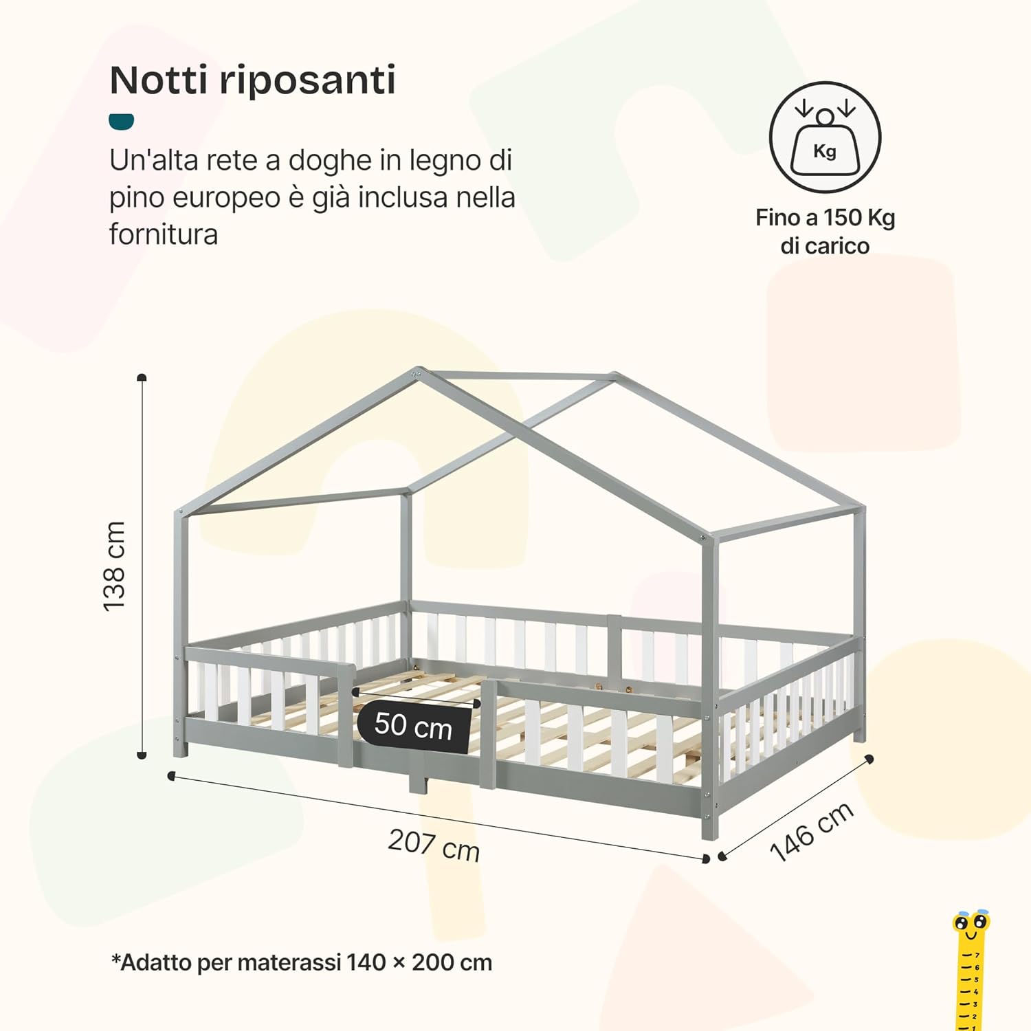 Thumbnail 1 de Letto per Cameretta a Forma di Casetta con Barriera di Protezione in Legno di Pino, 140 x 200 cm – Grigio Chiaro/Bianco