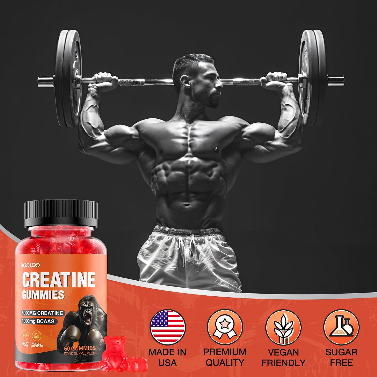 Detalle de HOOLOO Creatine Gummies 5000mg with 1000mg BCAAs — 60 Count