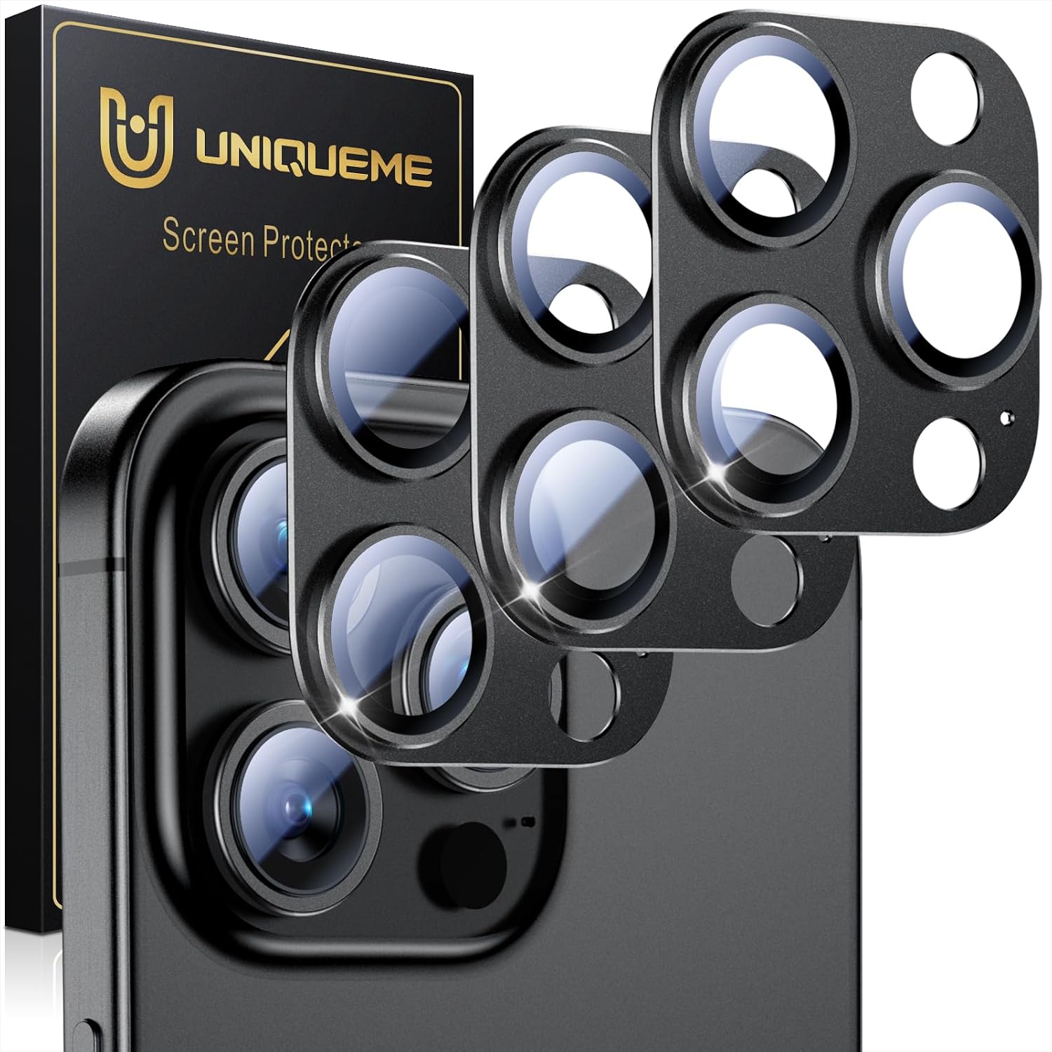 Detalle de UniqueMe iPhone 15 Pro/15 Pro Max Camera Lens Protector, 3-Pack, All-Black