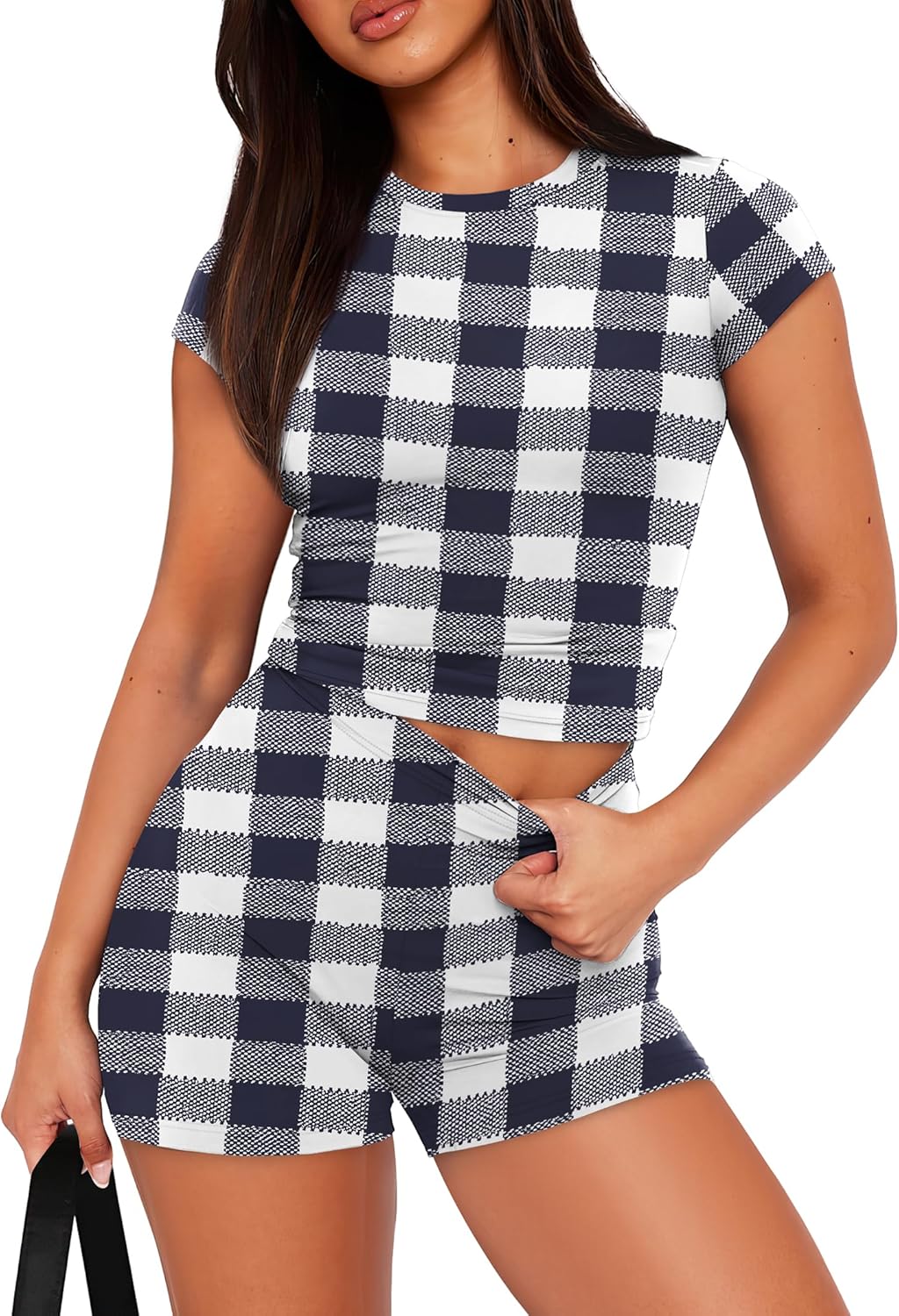 Detalle de SAMPEEL Women's Two-Piece Lounge Set: Casual Summer Comfort (Crew Neck Tee + High-Waisted Shorts)