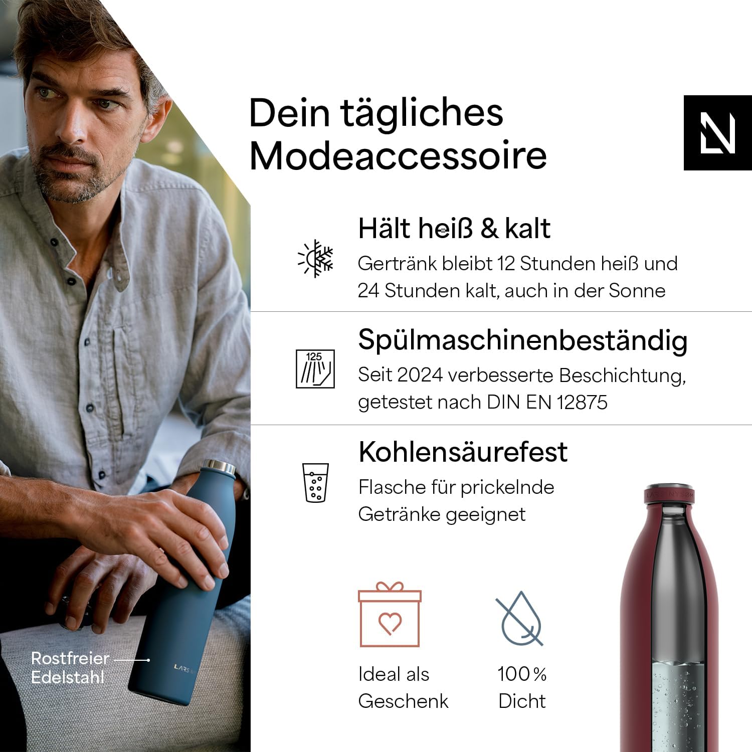 Thumbnail 1 de LARS NYSØM Edelstahl-Trinkflasche „Ren“ XL 1.500 ml (kohlensäuregeeignet) – auslaufsicher, vakuumisoliert