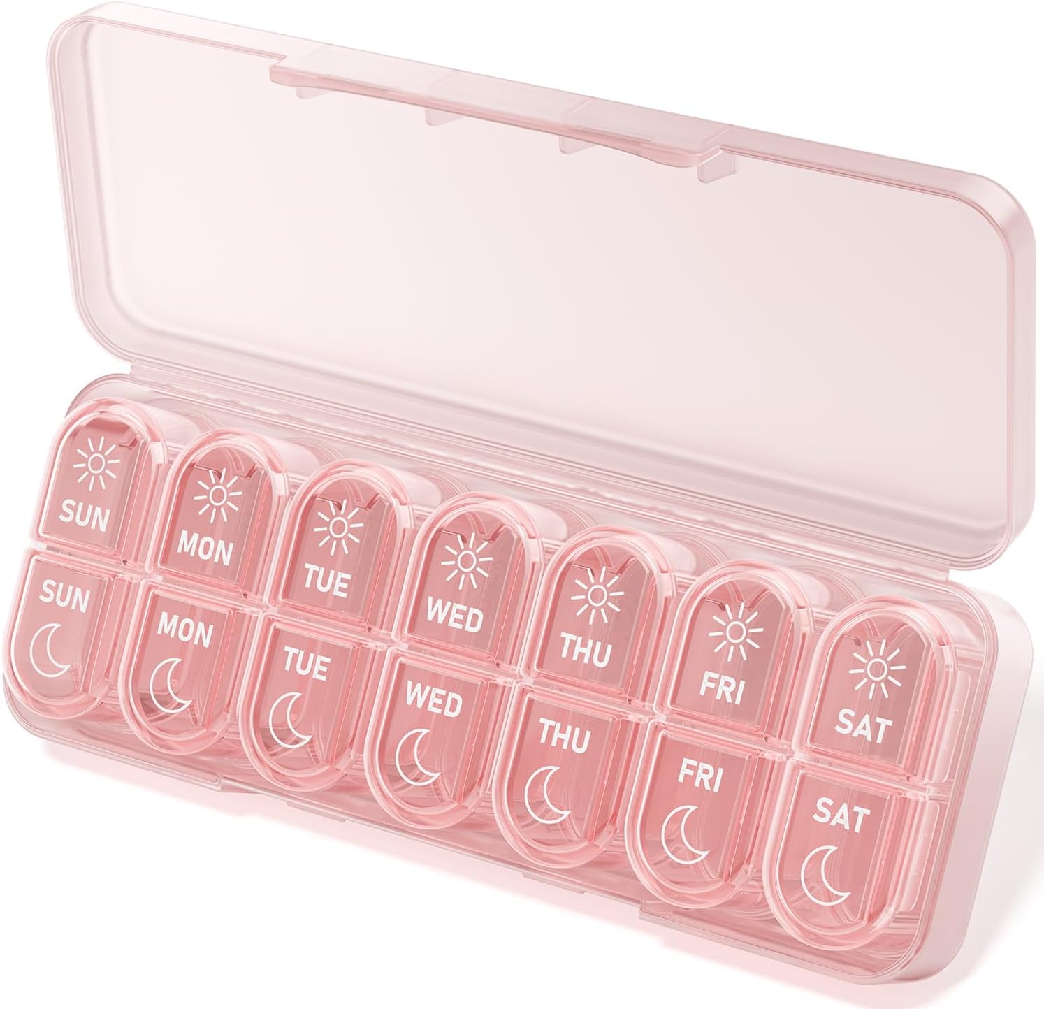 Detalle de Betife 7 Day Pill Box Organiser – 2 Times a Day Weekly AM/PM, 14 Large Slots, BPA-Free Travel Medicine Case (Pink)