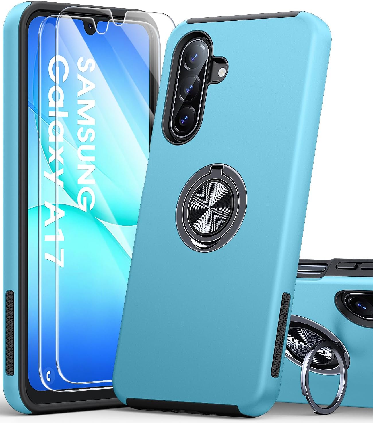 Detalle de AOUIA Hülle für Samsung Galaxy A17 5G – 2 Panzerfolien, 360° Ringständer, Militärschutz, Sierra Blau