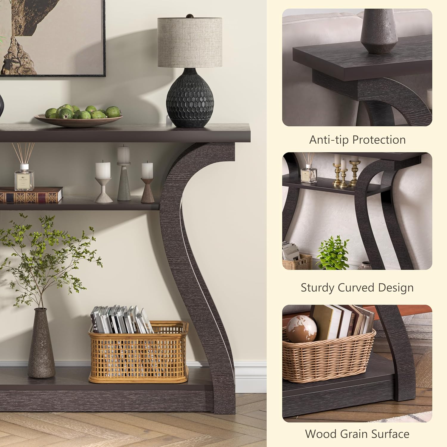 Detalle de UODERS CONTEB- 3-Tier Wood Console Table, Brown, 47.25 in. with Curved Legs