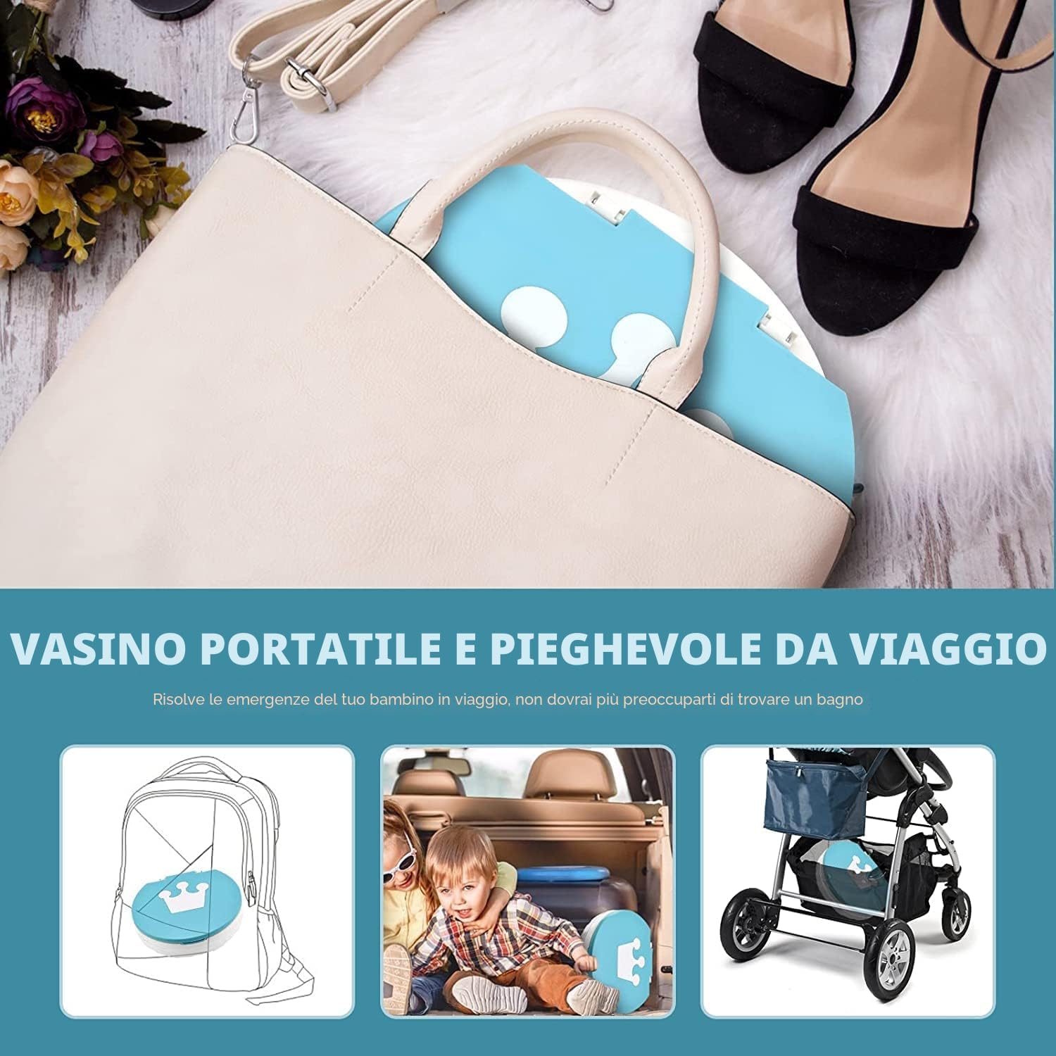 Detalle 2 de Vasino portatile pieghevole per bambini da viaggio (WC portatile), 15 sacchetti inclusi