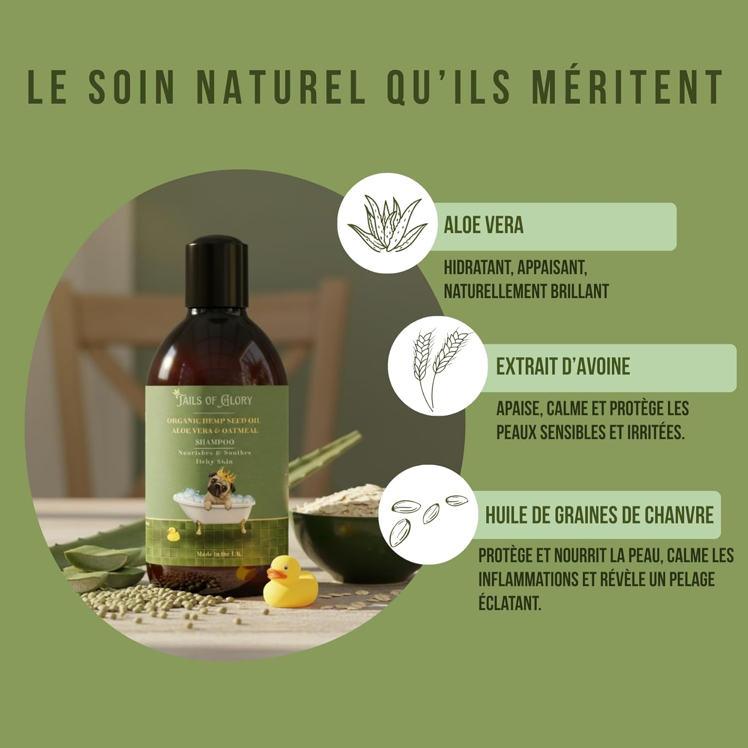 Detalle de Shampoing Chien Bio Aloe Vera & Avoine – Anti-odeur, Peau sensible, Vegan, 300 ml