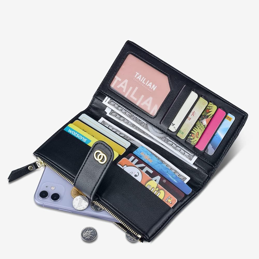 Detalle de Vllcsla Women Elegant Wallet PU Leather Purse — 15 Card Slots, ID Window, Zipped Coin Pocket, Blue
