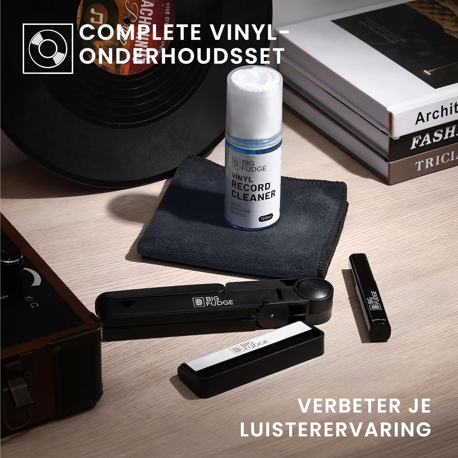Thumbnail 1 de Big Fudge 6-in-1 vinylplatenreinigingsset met koolstofvezelborstel en houder
