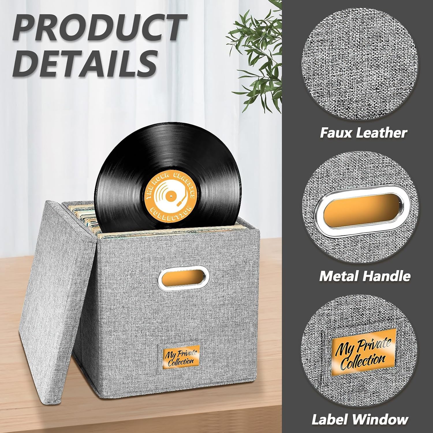 Detalle de Aolawco 2-Pack 12-inch Vinyl Record Storage Boxes with Lids & Handles (Grey) – Folding LP/ CD Organiser