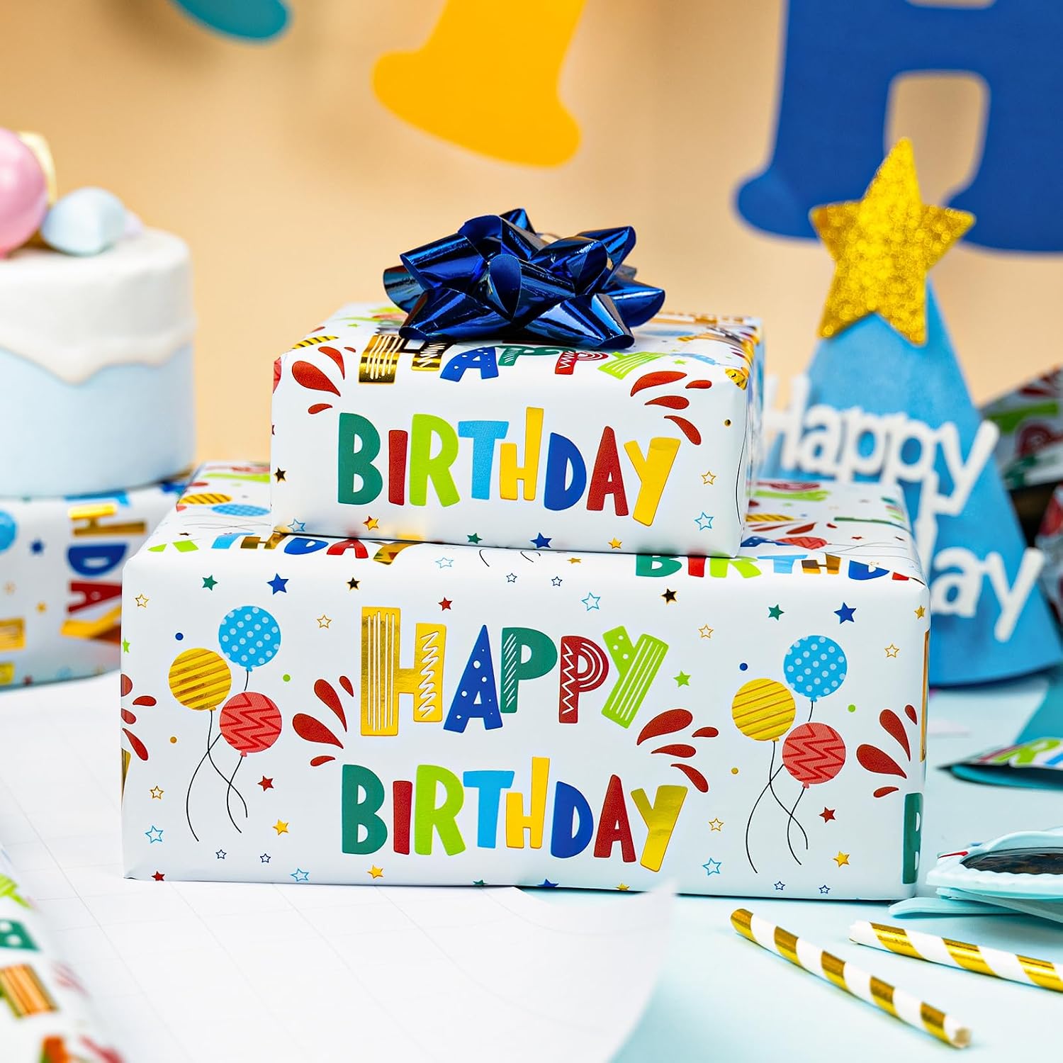 Thumbnail 6 de Burymento Birthday Wrapping Paper Roll – Colorful Gold Foil with Balloons & Stars (17 in x 32.8 ft)