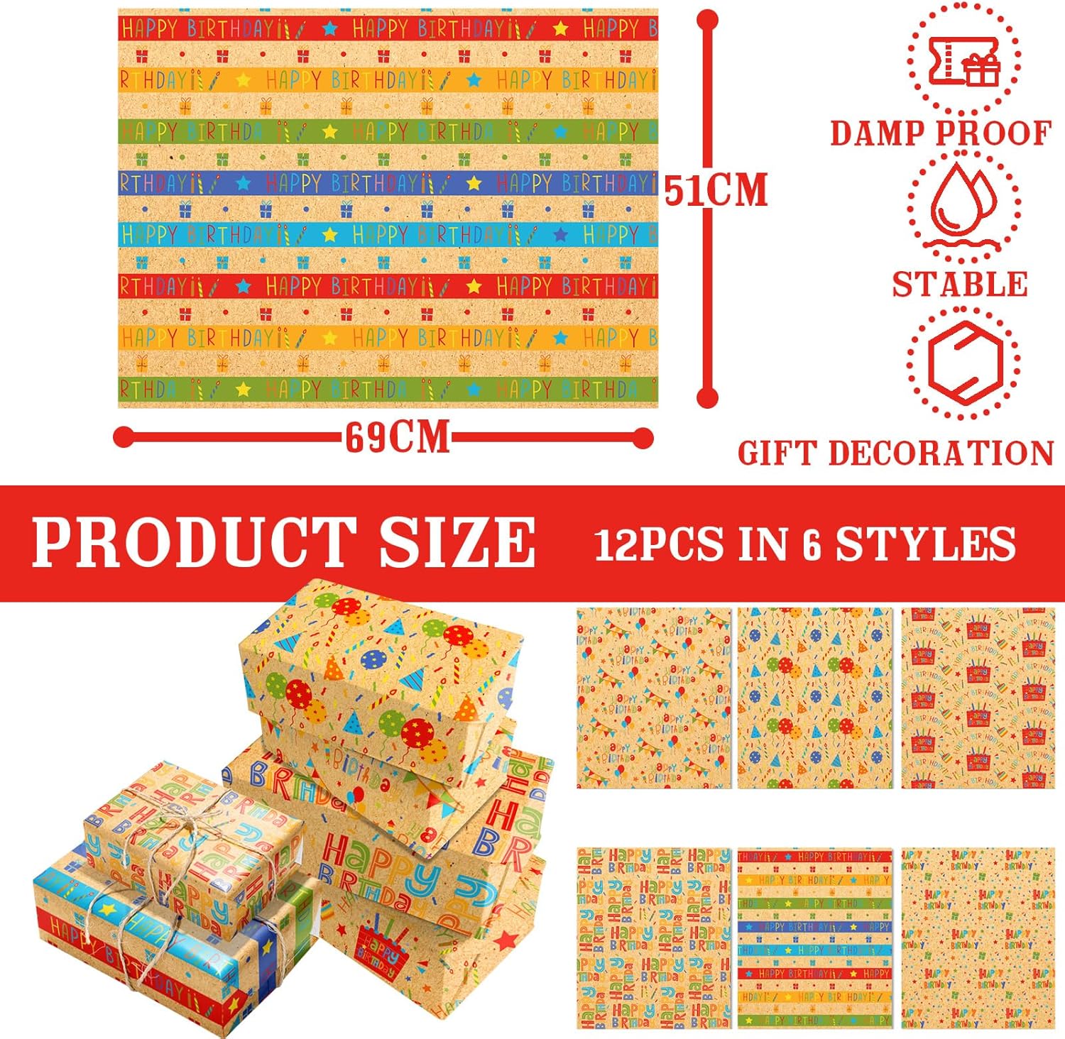 Thumbnail 1 de 12 Pcs Happy Birthday Wrapping Paper Sheets – Kraft, 50x69 cm, Recyclable & Loose-Leaf Gift Wrap (6 designs)