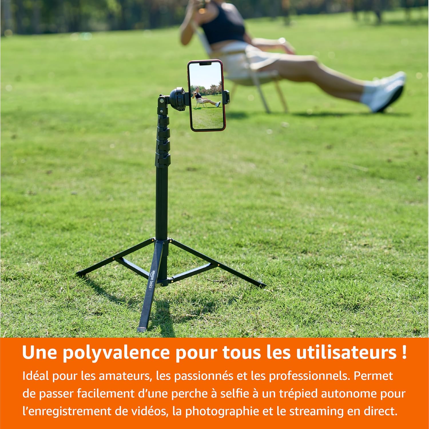 Detalle de Amazon Basics trépied extensible pour téléphone et perche à selfie 162 cm, avec télécommande sans fil