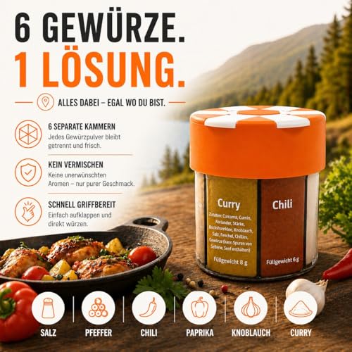 Detalle 2 de ration1 Camping Gewürze Set, 6-in-1 Gewürzstreuer – kompakter Reisebegleiter für Outdoor