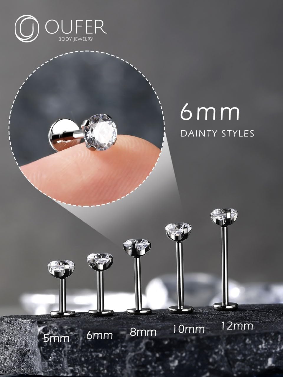 Detalle de OUFER Body Piercing Push In Lip Stud 18G en titane (labret threadless) avec CZ