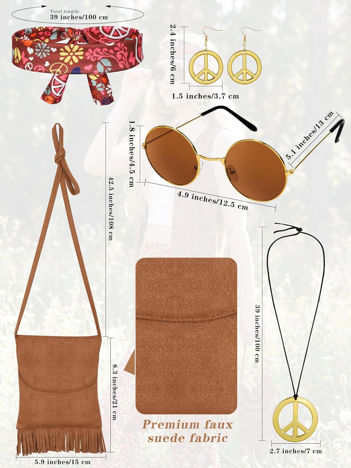 Detalle 2 de SOMSOC 7-Piece 60s and 70s Hippie Costume with Fringe Vest and Flared Pants