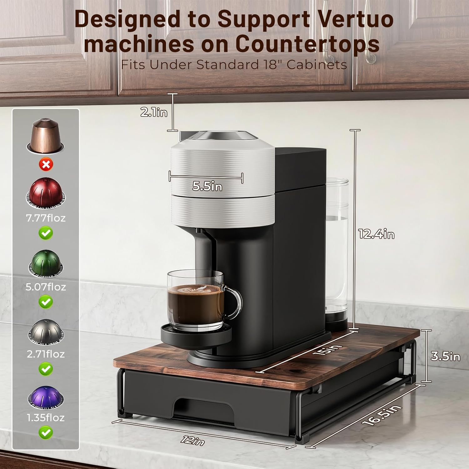 Thumbnail 1 de EVERIE Wooden Coffee Pod Storage Drawer for Nespresso VertuoLine Capsules (Large Capacity) - Rustic Brown