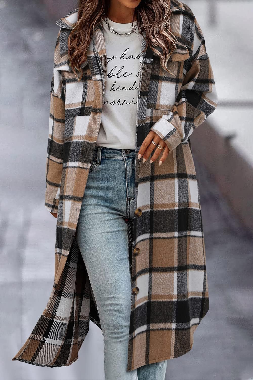 Detalle 2 de onlypuff Women’s Long Plaid Flannel Shacket Jacket with Lapel and Buttons