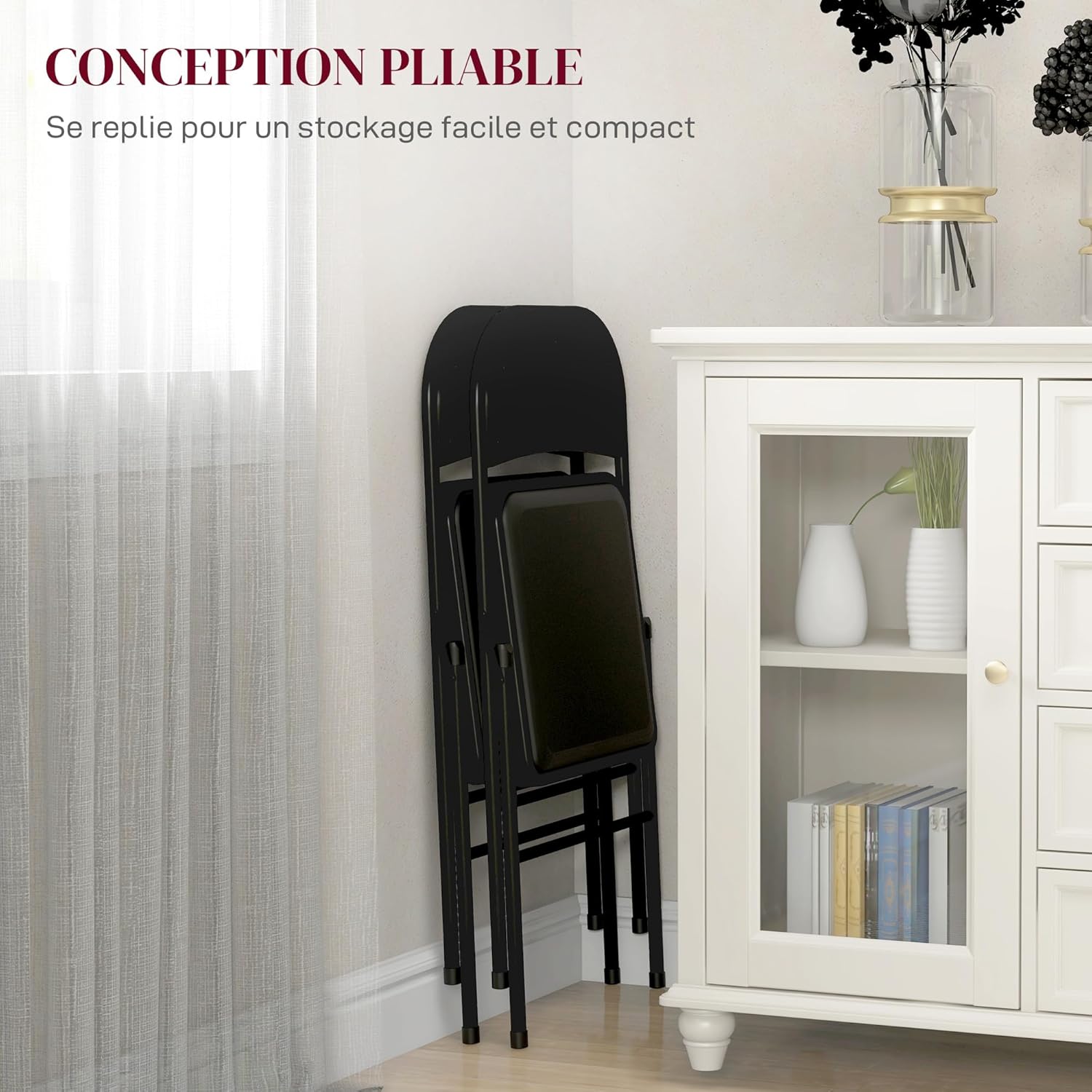Detalle de HOMCOM Lot de 2 chaises pliantes d’intérieur pour salle à manger (45 x 46 x 78 cm) – Cadre acier, coussin synthétique, noir
