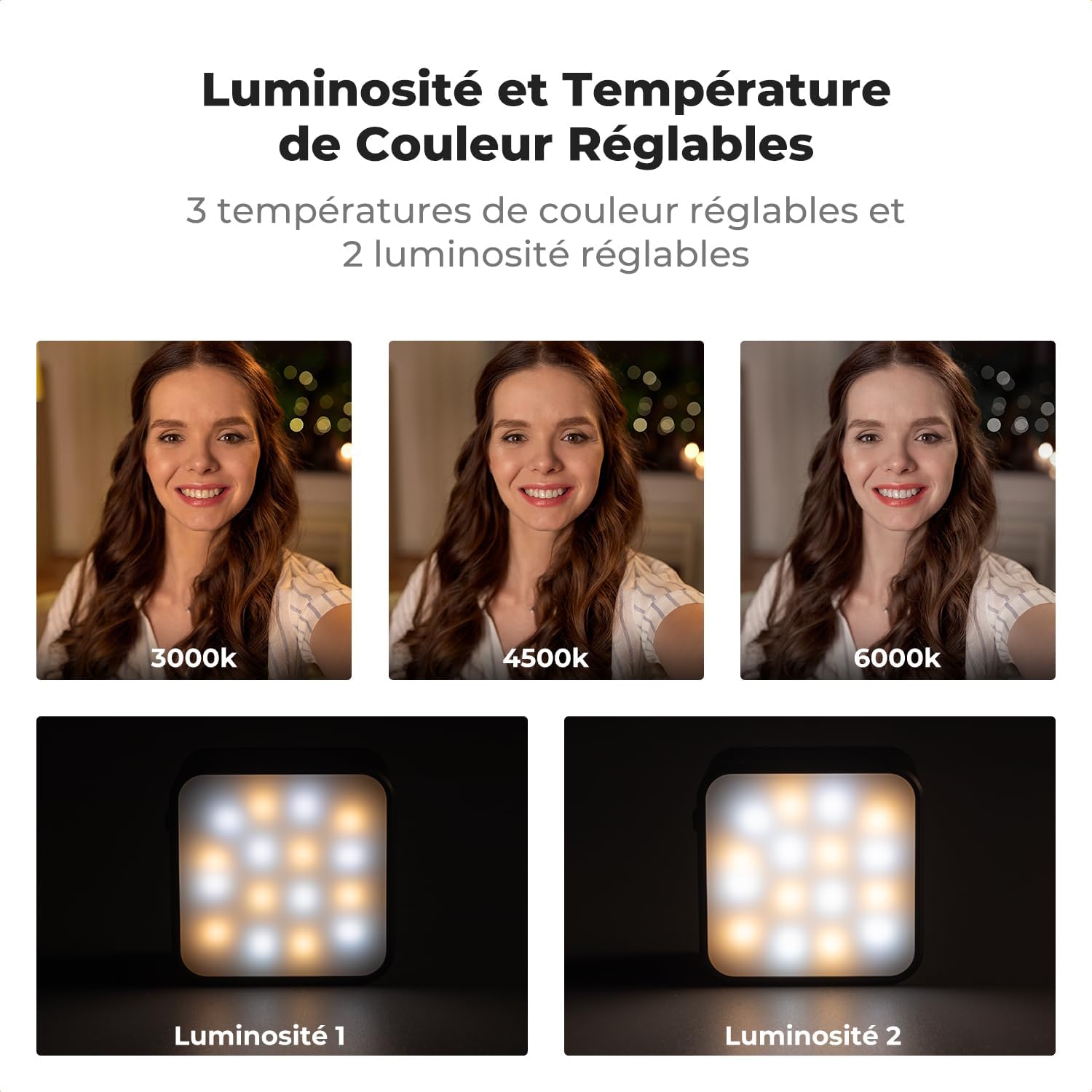 Detalle de K&F CONCEPT LM61 Mini Lumière Magnétique pour DJI Osmo Pocket 3/4 — LED USB‑C 1W, 3000K/4500K/6000K, 2 niveaux de luminosité